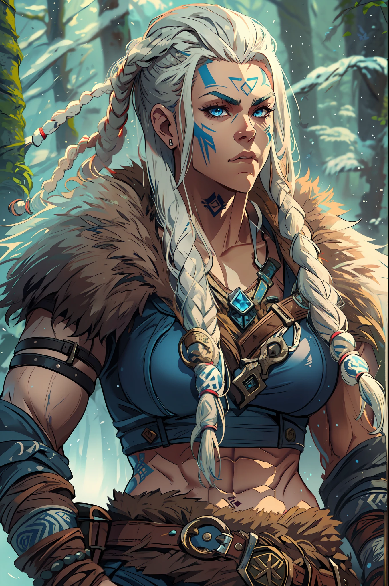 Female viking, (young:1.2), (muscular:1.2), fit, wearing brown furs and hides, (blue norse tattoos:1.2), blue eyes, platinum blonde hair, (Dreadlocks:1.4), (Dreads:1.4), (Sideshave:1.4), warrior hair. Setting is a Scandinavian forest in winter, bare arms, exposed naval, (abs:1.2). Highly detailed, norse, berserker, arm muscles, leg muscles, (bulky:1.2), leather straps, (large breasts:1.3), waist up