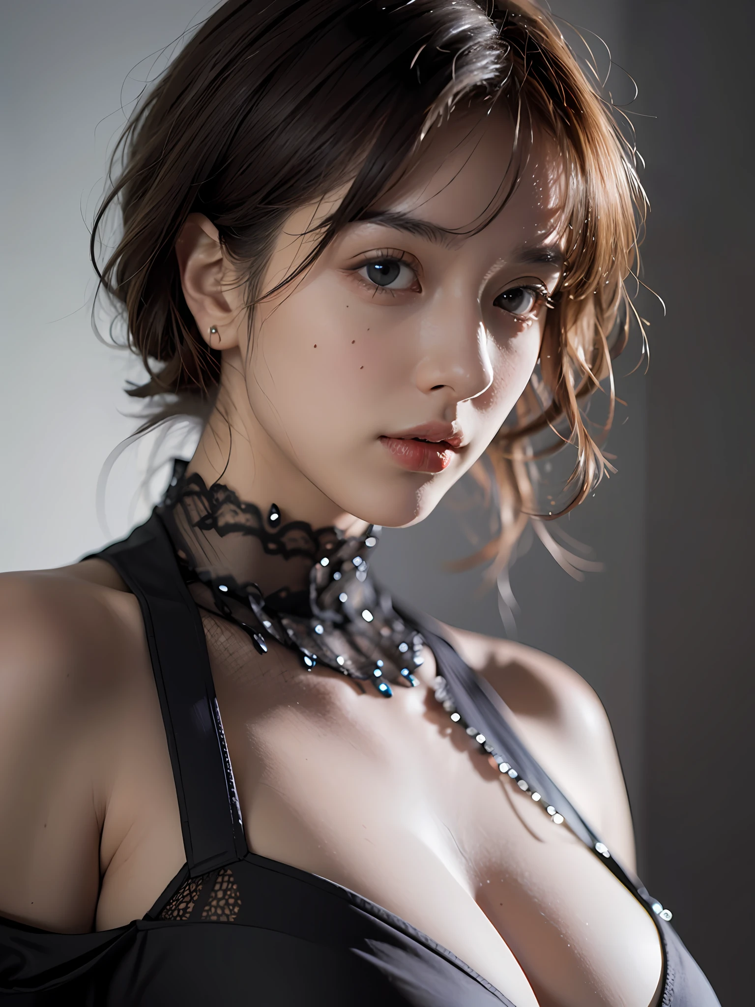 Best quality, masterpiece, ultra high res, (photorealistic:1.5), raw photo, 1girl, offshoulder, in the dark, deep shadow, low key, cold light, sexy look, short hair