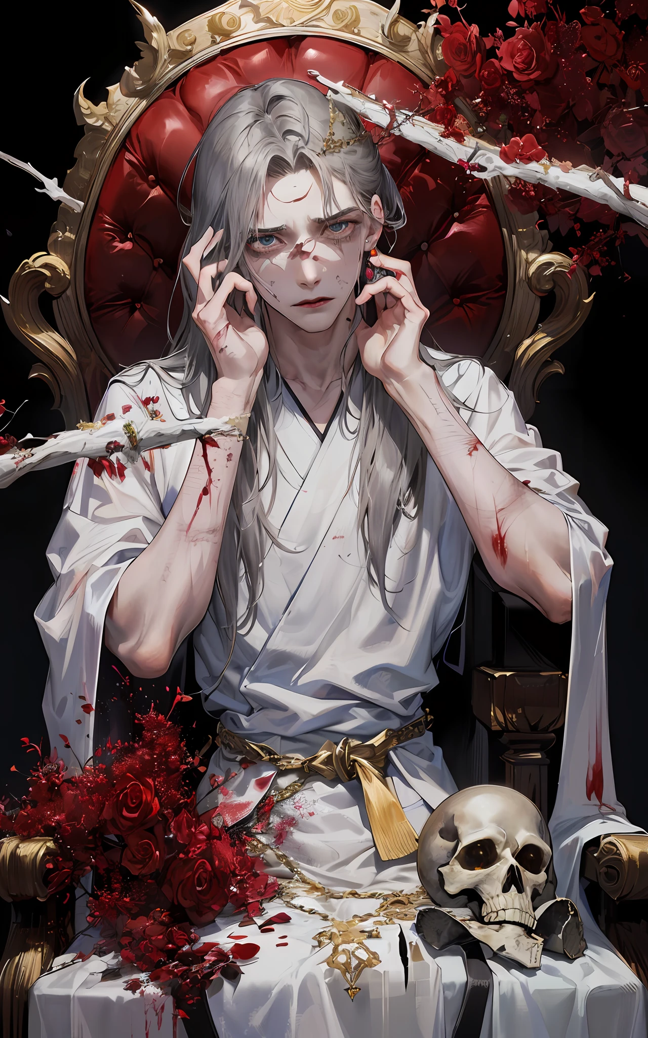 The king，male people,  (((1人))), Masterpiece, absurderes, Best quality ,Intricate details, ((((Ragged clothes)))), (Dull skin, Broken white robes, Dull skin that loses its luster, Gray-black hair, Fluffy hair，Dull complexion), Sit on the throne，sitted（ants in one's pants）， ((indisposition)),scared expression，tense look，Scared，Nervous，It's painful，Pleading。Injured，bleed，Skinny，hunger，senile,Gold earrings, Don't look at the view , Not looking at the view, Gray hair, Broken hair, Messy hair，Perfect detailed face, perfect detailed hands, incubus, The demons，skelleton，Injured，Hurt，Gray eye, funk，ants in one's pants，Golden decoration, masculine features,, (((Night))), Under the light，Light focus, Darkness, Dark light, Look up at the audience, Perfect Detailed Eyes, Perfect detailed face, Perfect proportions, The king（blood vess，Blood stains on the screen）