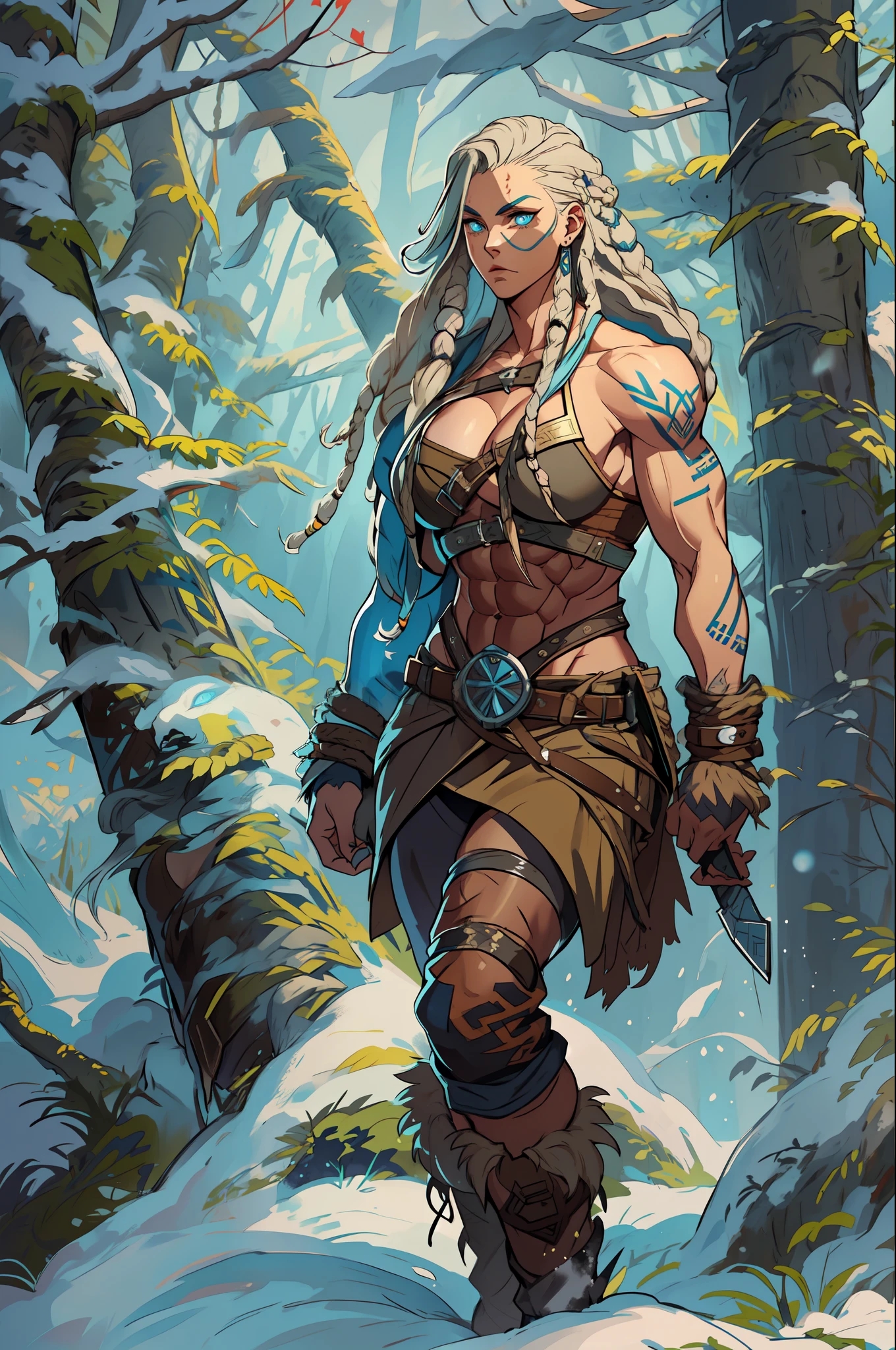 Female viking, (young:1.2), (muscular:1.2), fit, wearing brown furs and hides, (blue norse tattoos:1.2), blue eyes, platinum blonde hair, (Dreadlocks:1.4), (Dreads:1.4), (Sideshave:1.4), warrior hair. Setting is a Scandinavian forest in winter, bare arms, exposed naval, (abs:1.2). Highly detailed, norse, berserker, arm muscles, leg muscles, (bulky:1.2), leather straps, (large breasts:1.3), waist up