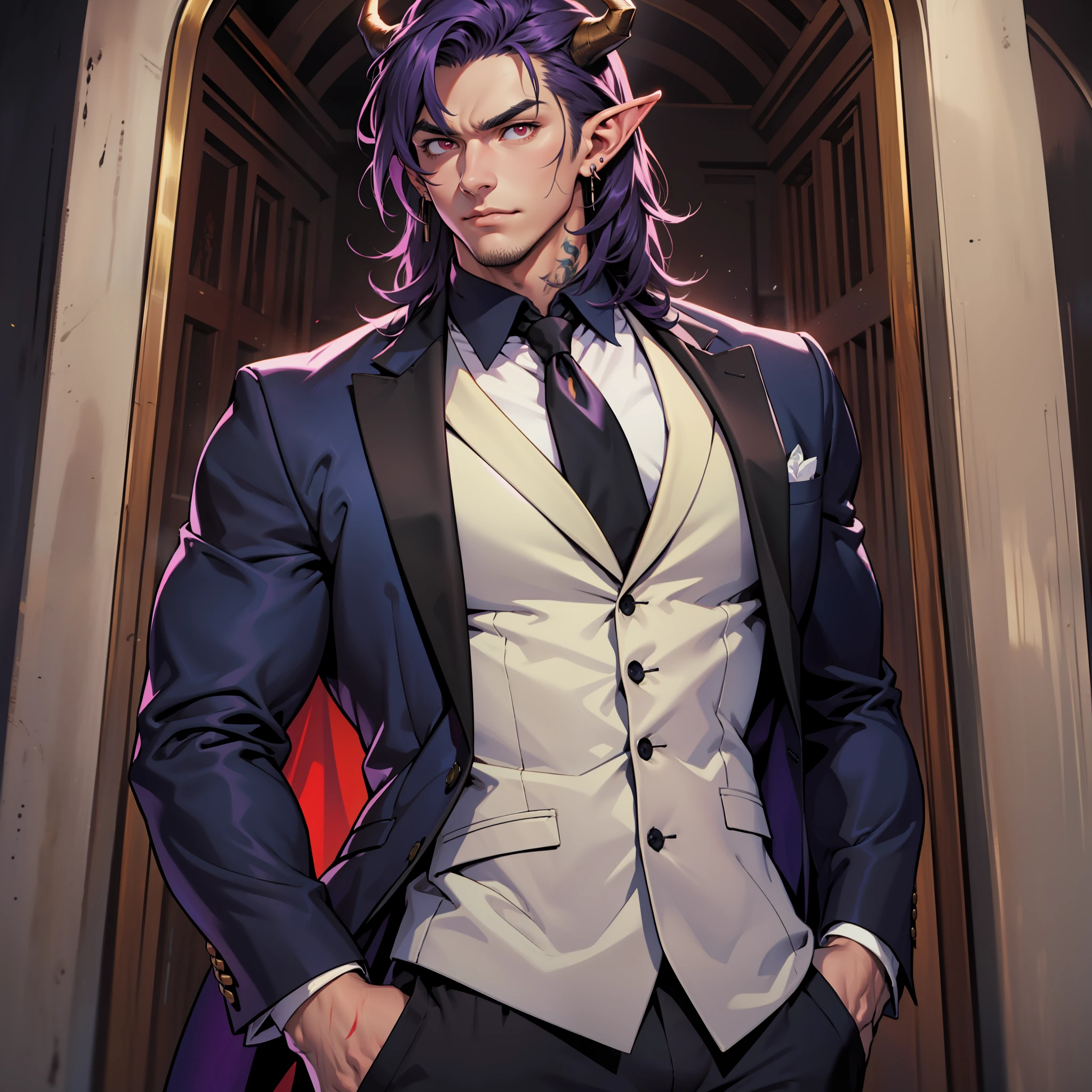 Handsome male, purple hair, short hair, wavy hair, detailed body, detailed hands, horns, expressionless, arrogant expression, red eyes, roman nose, almond eyes, navy blue tuxedo, black shirt, black tie, cocky, nightfall, handsome, bushy brows, pointy ears, ear piercings, rings, good looking, tattoos, dark skin, brown skin, charming, good quality, long hair, huge bulge in pants, veiny arms and hands, manly, blood on chest, standing in room
