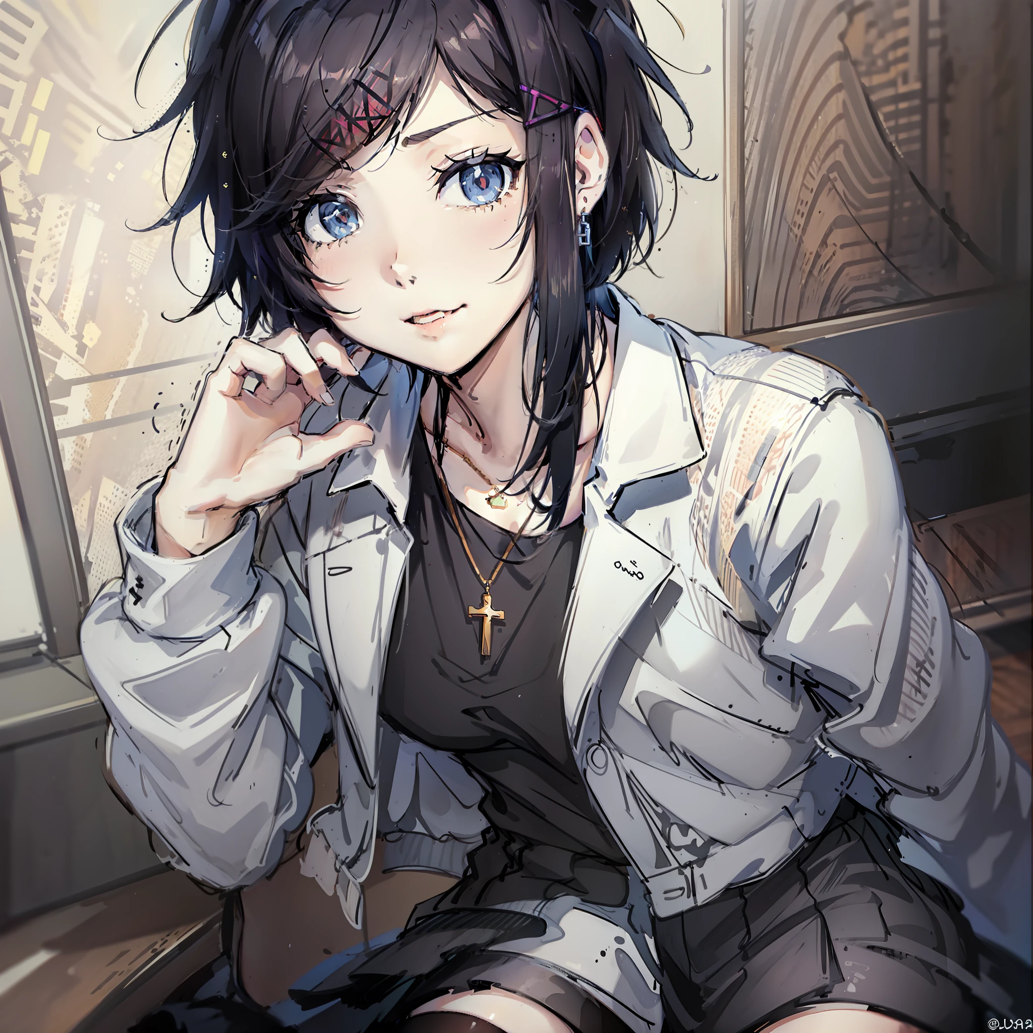 DDLCYURI, HAIR ORNAMENT, HAIRCLIP, LONG HAIR, (BLACK EYES:1.1), BLACK SHORT HAIR, GRIN, SMILE, BLAZER, BLOUSE, BLUE SKIRT, JACKET, BROWN JACKET, MINISKIRT, NECK RIBBON, RIBBON, SCHOOL UNIFORM, SHIRT, SKIRT, WHITE SHIRT, WING COLLAR, CASUAL CLOTHES, GREY SWEATER, MINISKIRT, PANTS, RIBBED SWEATER, SKIRT, SWEATER, TURTLENECK, TURTLENECK SWEATER, black eyes with eyeliner, puffy black hair scene emo, short emo hair, hair ornament, hair clip, medium boobs, school uniform, jacket, short hair, pleated skirt, skirt, blue skirt, ((blush)), indoors, in a classroom, necklace cross, earrings, emo, scene, fashioncore, black stockings, emo hair, gothic, lip piercing, nasal septum, emo, visual kei, puffy hair, Dark, EMO ACCESSORIES, Emo Haircuts