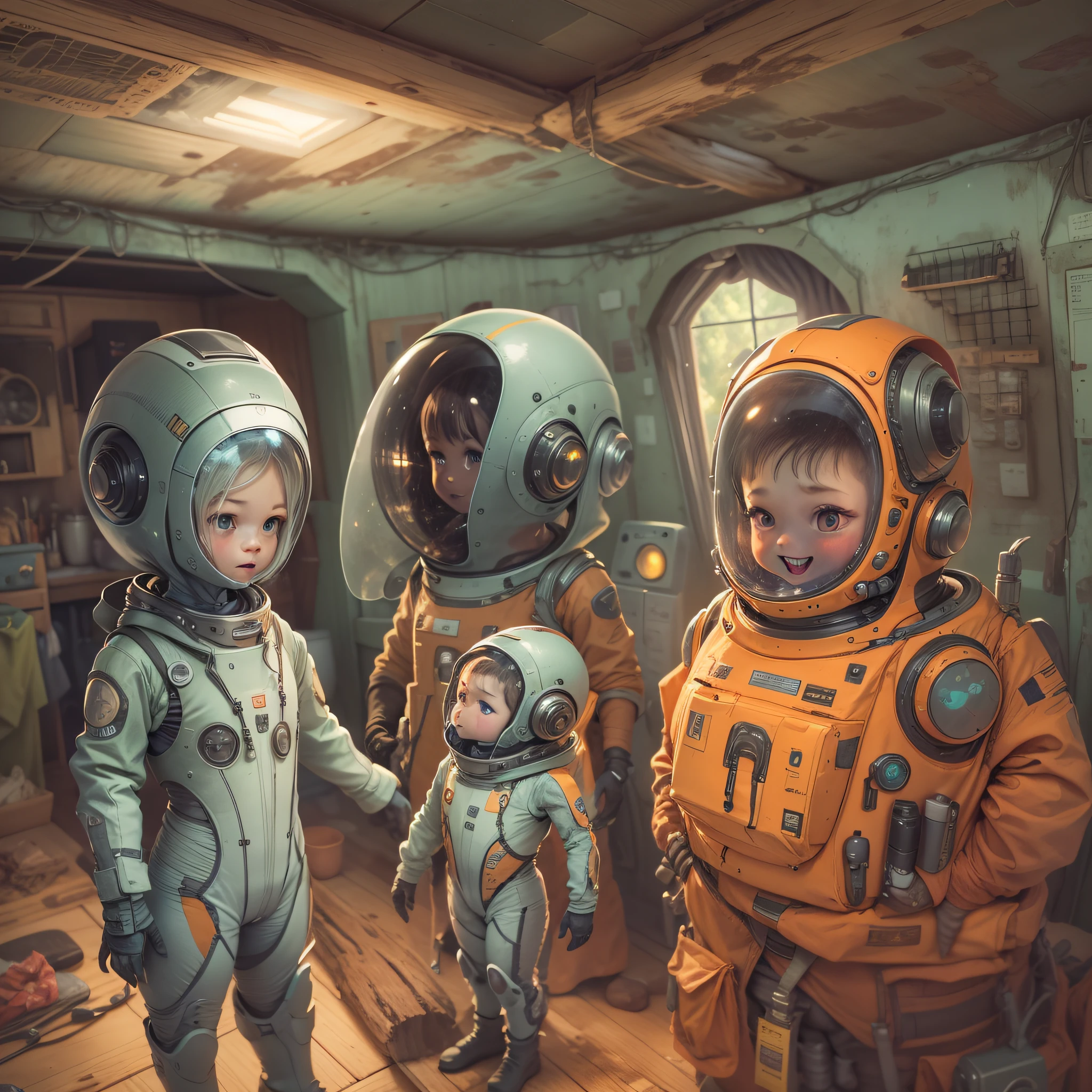 Tiny extraterrestrial beings with friendly faces dressed in technological suits and in a boladora cabin.