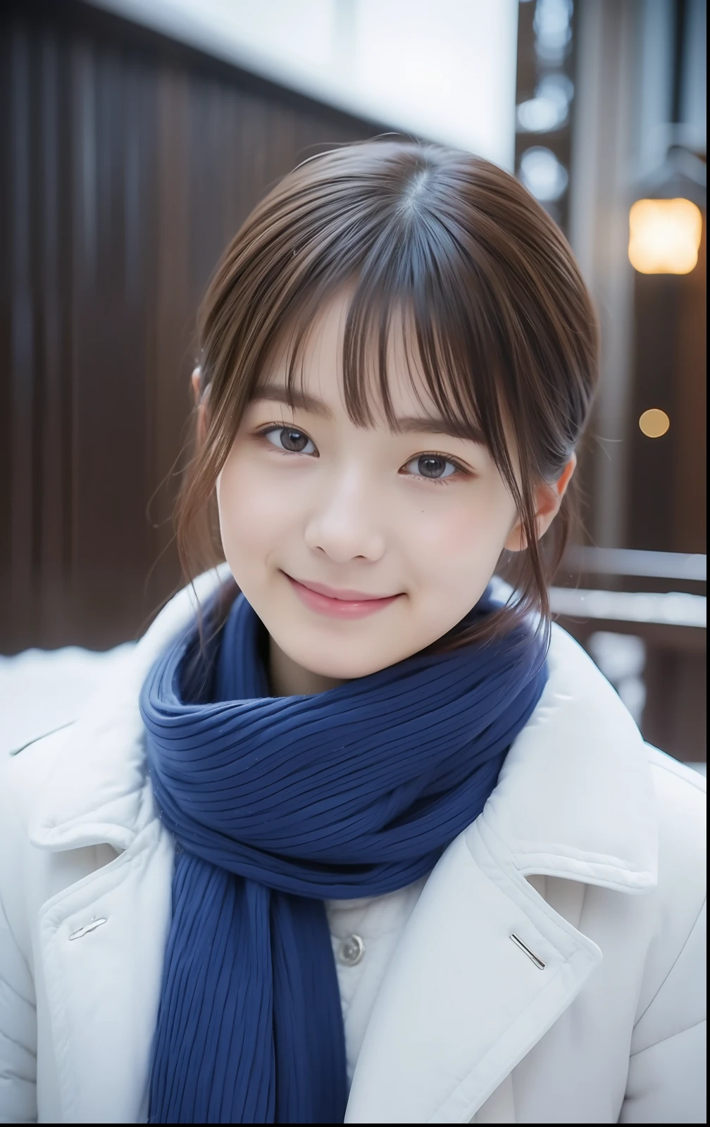 Snowy winter Japan cityscape、(a closeup:1.4)、(RAW Photography:1.2)、(Photorealsitic:1.4)、(​masterpiece:1.3)、(top-quality:1.4)、1 person、Short-cut hairstyles 、Women in Japan、dream-like、(A detailed eye)、(detailed facial features)、(detailed clothes features)、Skin tightening、(shinny skin)、(Slender Girl)、(slim girl)、1girl in、VeronicaCipher((full bodyesbian))、独奏、cute little、smlie、Crystal Pendant、Long blue scarf、White long wool coat、Brown snow boots