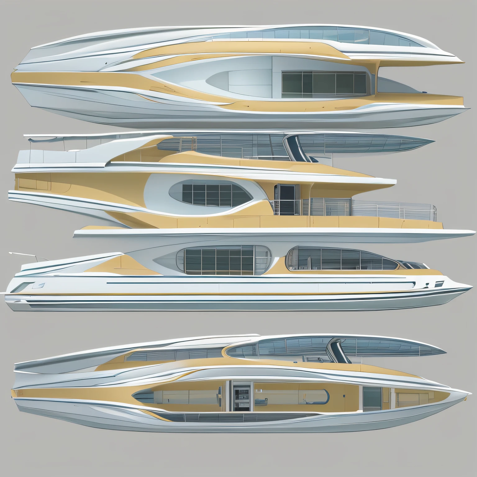 BARCO CATAMARAM FUTURISTA melhor qualidade, (obra-prima:1.2), illustration, absurdos, tiro de PLANO inteiro, (Reviravolta: 1.4), Multiple views, vista frontal, Vista lateral, vista traseira, DESIGN OF A DESIGN MOCKUP OF A PROTOTYPE OF A BOAT --auto