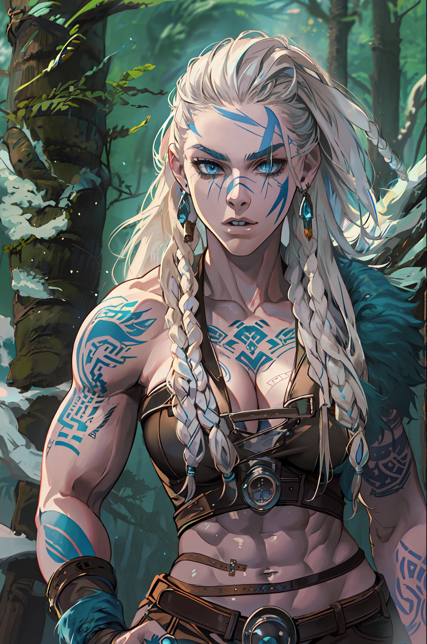 Female viking, (young:1.2), (muscular:1.2), fit, wearing brown furs and hides, (blue norse tattoos:1.2), blue eyes, platinum blonde hair, (Dreadlocks:1.4), (Dreads:1.4), (Sideshave:1.4), warrior hair. Setting is a Scandinavian forest in winter, bare arms, exposed naval, (abs:1.2). Highly detailed, norse, berserker, arm muscles, leg muscles, (bulky:1.2), leather straps, (large breasts:1.3), waist up