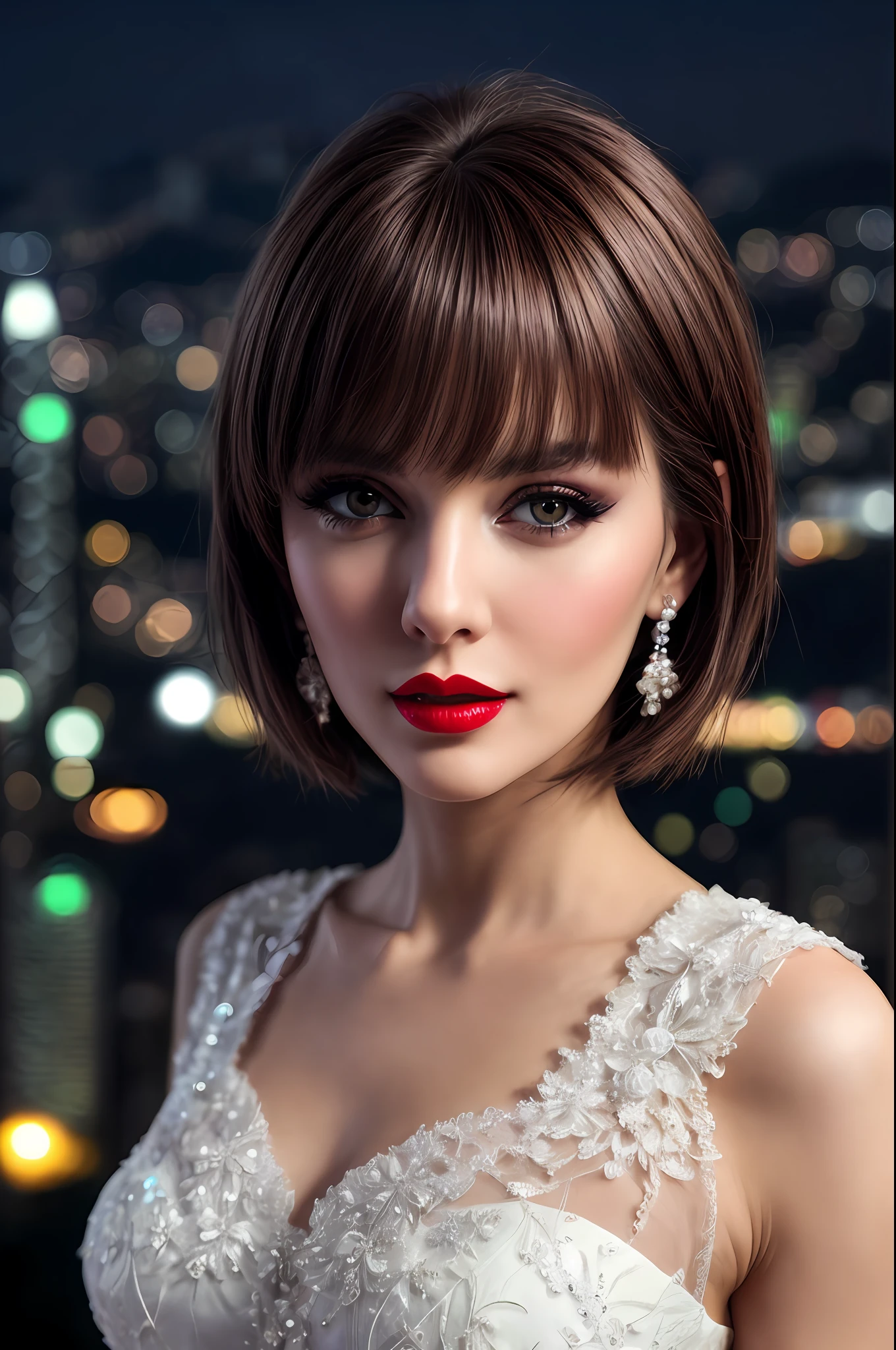 AS-MidAage, Close up photography, Raised sexy, short detailed hair, brunette color hair, putting makeup on, Redlip, Hong Kong in the background at night, nakeness, jewely, looking at viewert, hyper realisitc, {An extremely delicate and beautiful girl}, 4k wallpapers, {{{tmasterpiece}}}