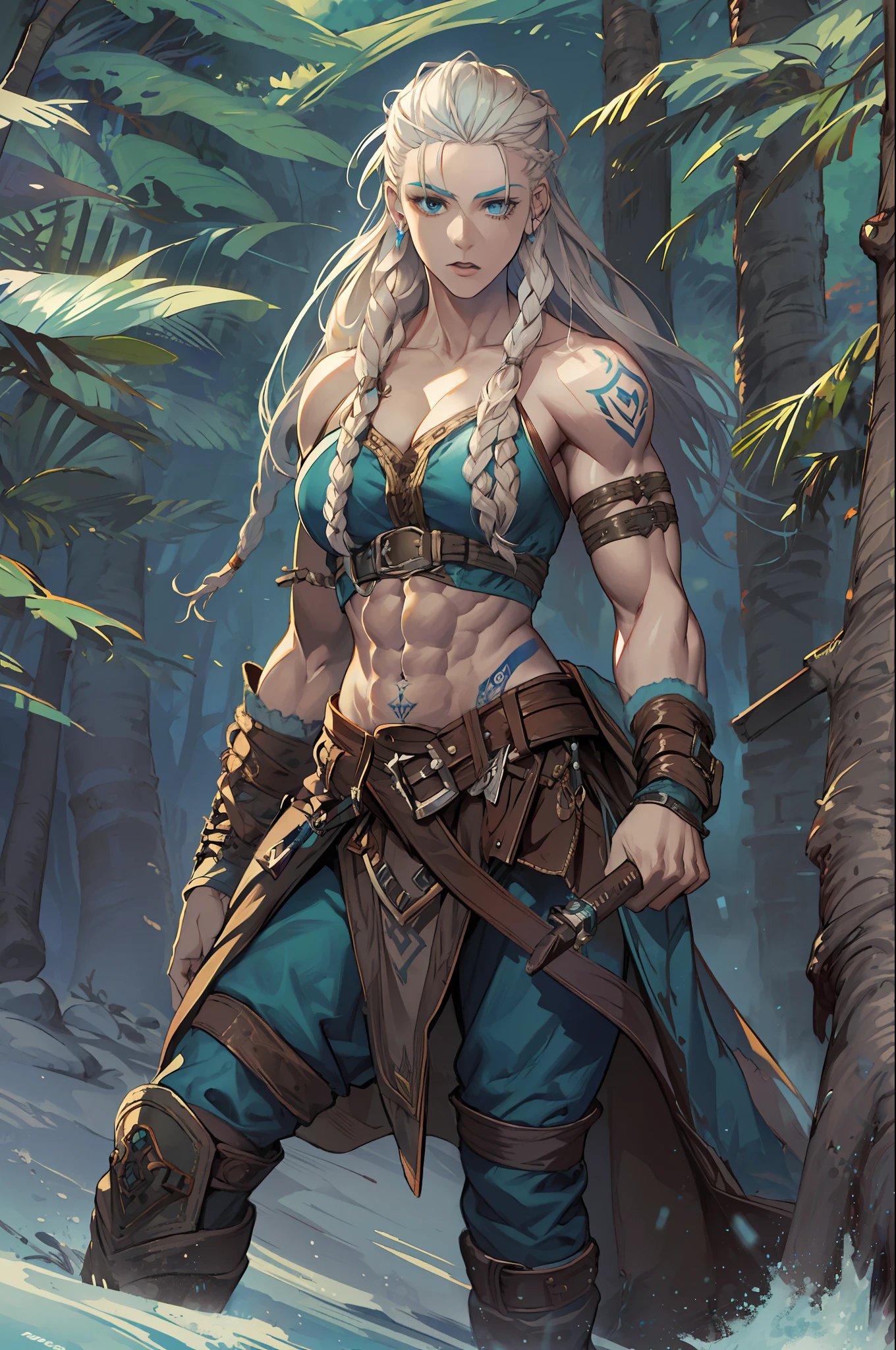 Female viking, (young:1.2), (muscular:1.2), fit, wearing brown furs and hides, (blue norse tattoos:1.2), blue eyes, platinum blonde hair, (Dreadlocks:1.4), (Dreads:1.4), (Sideshave:1.4), warrior hair. Setting is a Scandinavian forest in winter, bare arms, exposed naval, (abs:1.2). Highly detailed, norse, berserker, arm muscles, leg muscles, (bulky:1.2), leather straps, (large breasts:1.3), waist up