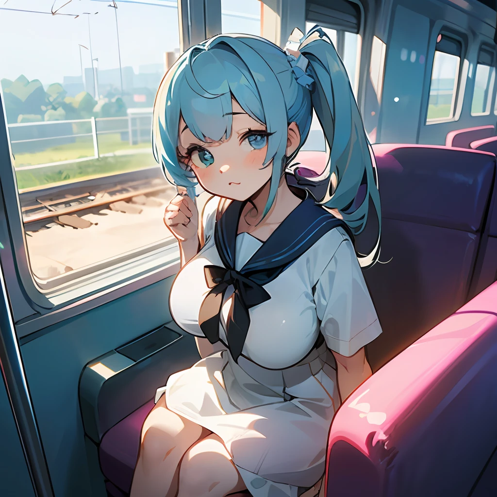 (Highly detailed CG Unity 8k wallpaper), (Best Quality), (Super Detail), (Best Illustration), (Best Shadow), POV, Realistic lighting and shading, Natural light, Lens flare effect, Dramatic Angle, 2 beautiful girls, Sitting, on train, Train seats, Sunset, And (Highly detailed CG Unity 8k wallpaper), (Best Quality), (Super Detail), (Best Illustration), (Best Shadow), POV, Realistic lighting and shading, Natural light, Lens flare effect,BREAK,The first beautiful girl:(Cute:1.5),(Chibi:0.8), (kawaii:1.5),(Lori:0.5),(17 Women:1.0),{Heterochromia,pale blue eyes,pale green eyes:1.5}, star eye silhouette, (Pink hair, Medium length:1.2), (Braids:1.1),(Large breasts:1.5),White Dress,Dramatic Angle,BREAK, Second Beautiful Girl: (Cute:1.5),(Chibi:0.8), (kawaii:1.5),(Lori:0.5),{Heterochromia,pale blue eyes,pale green eyes:1.5}, star eye silhouette,((Light blue hair,Side Ponytail,Semi-long hair:1.5)),child, Large breasts, Head tilt, Closing eyes,a sailor suit,