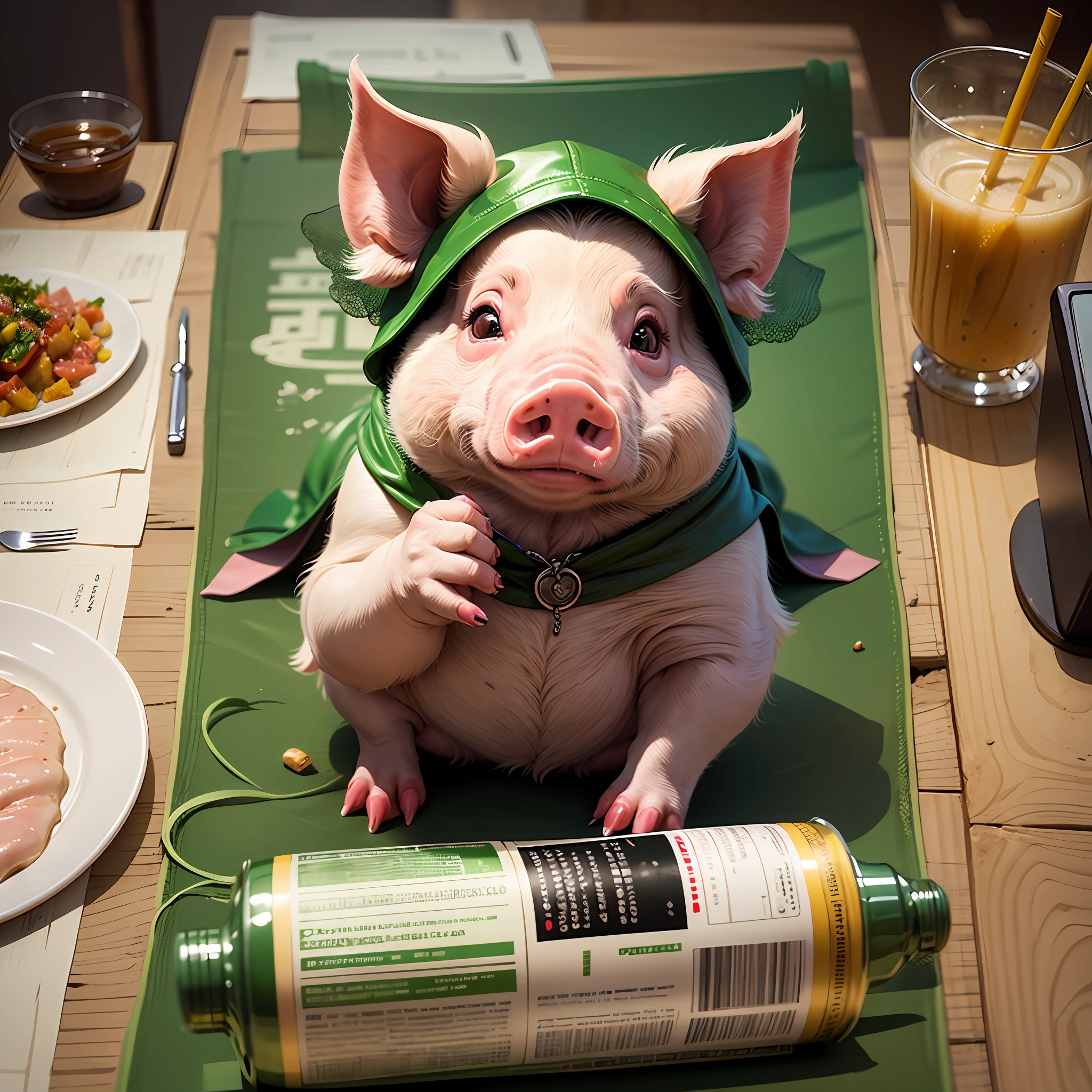 Create a manga-style image of a pig dressed in green eating meat --auto --s2