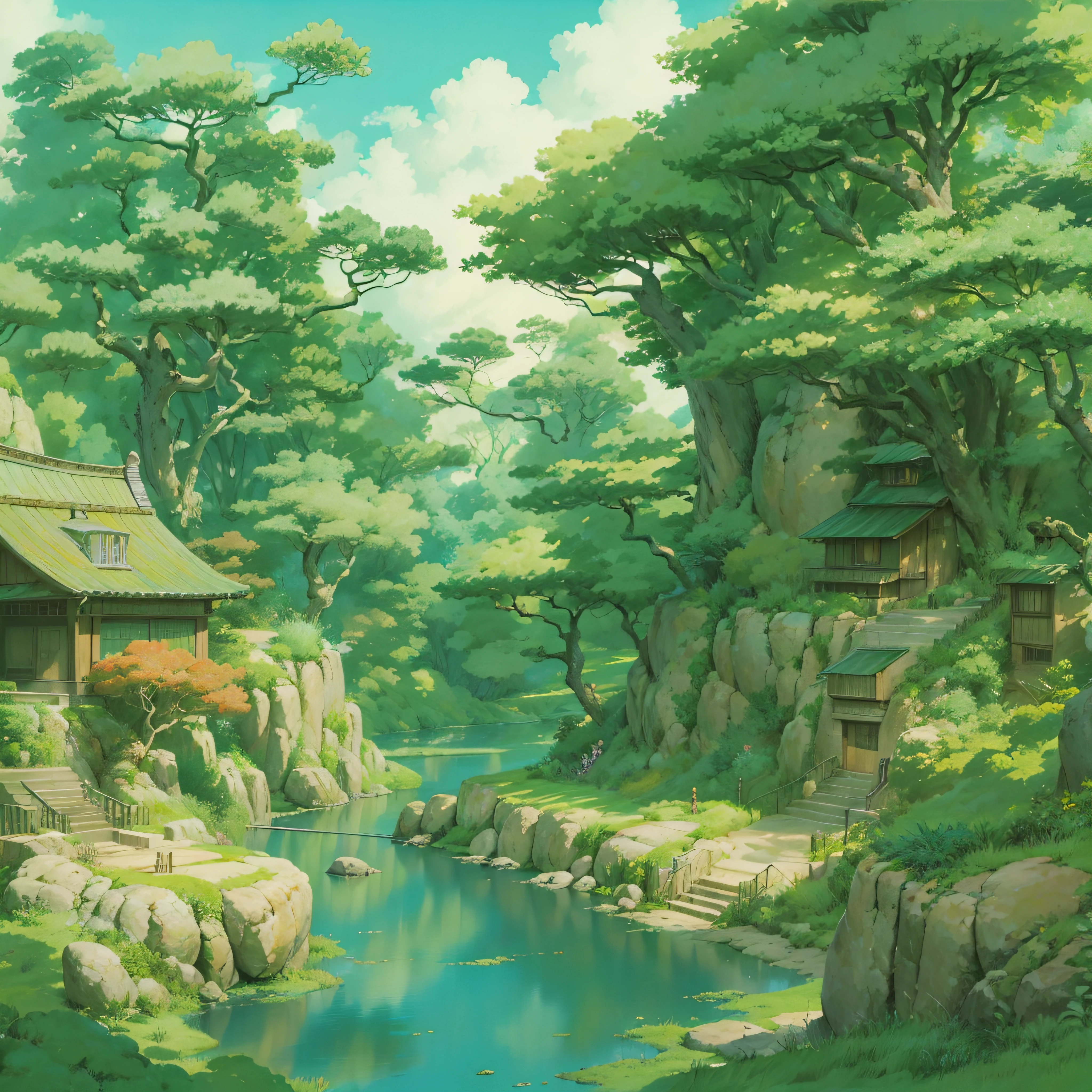 Background art、Beautiful Landscapes、Deities々Shikai、Natural objects、studio ghibli style、You can feel the touch of the brush、