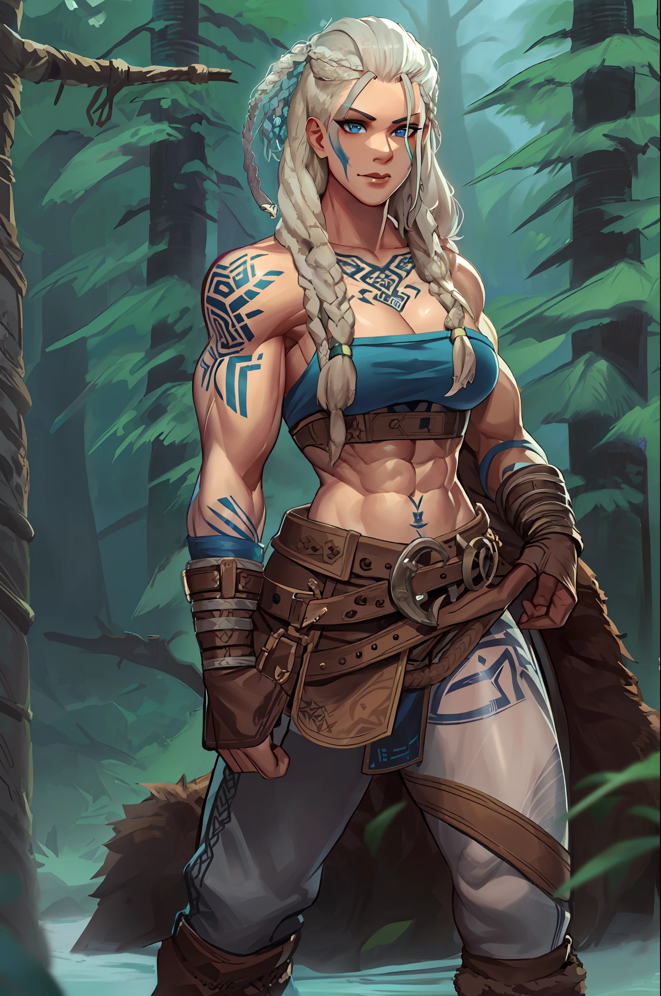 Female viking, (young:1.2), (muscular:1.2), fit, wearing brown furs and hides, (blue norse tattoos:1.2), blue eyes, platinum blonde hair, (Dreadlocks:1.4), (Dreads:1.4), (Sideshave:1.4), warrior hair. Setting is a Scandinavian forest in winter, bare arms, exposed naval, (abs:1.2). Highly detailed, norse, berserker, arm muscles, leg muscles, (bulky:1.2), leather straps, (large :1.3), waist up