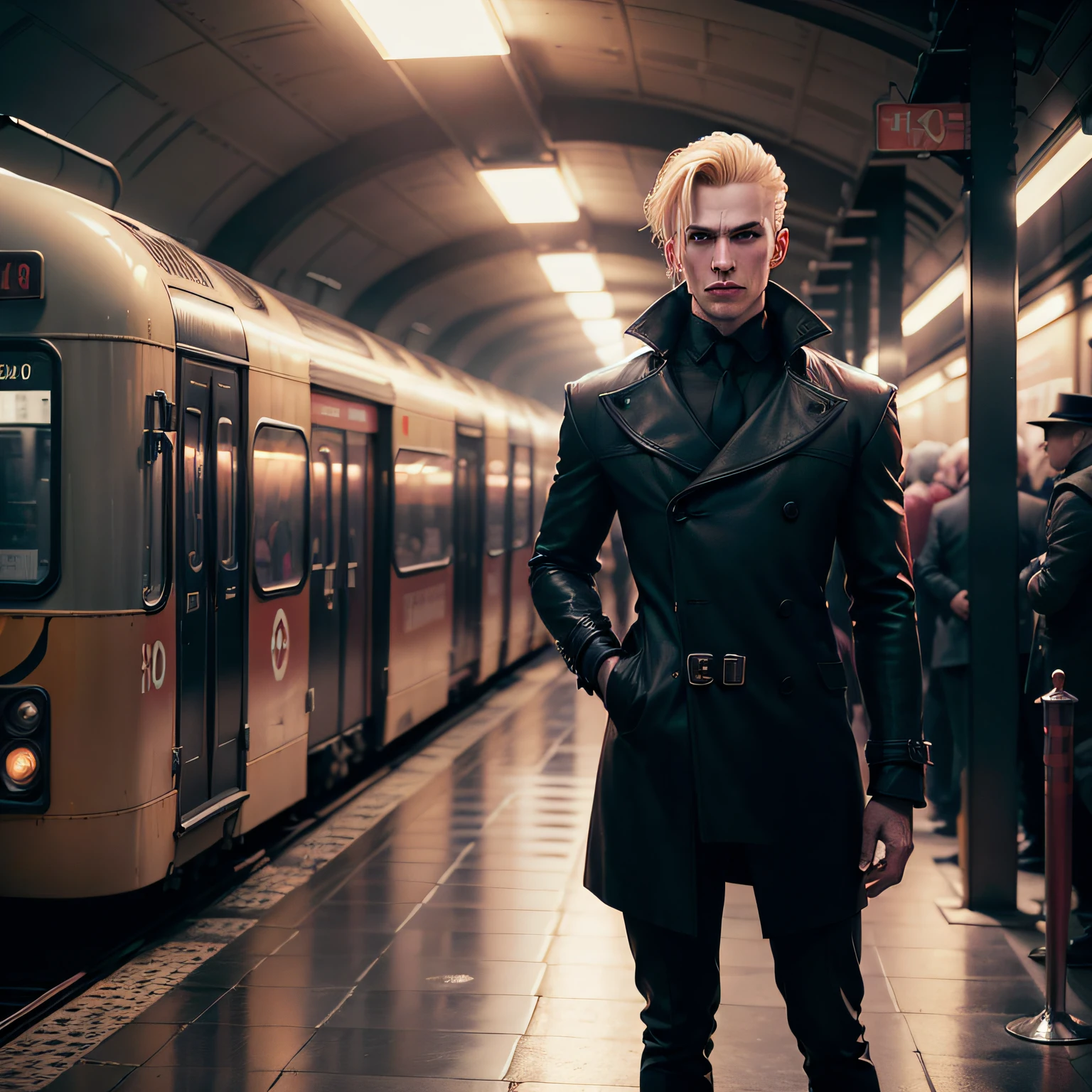 a blond vampire sculptural man in a dark tube station similar to a 1990s London station. na noite escura com aspectos de terror. usando roupas pretas e overcoat clothes preto. com sangue em sua boca. ao longoge