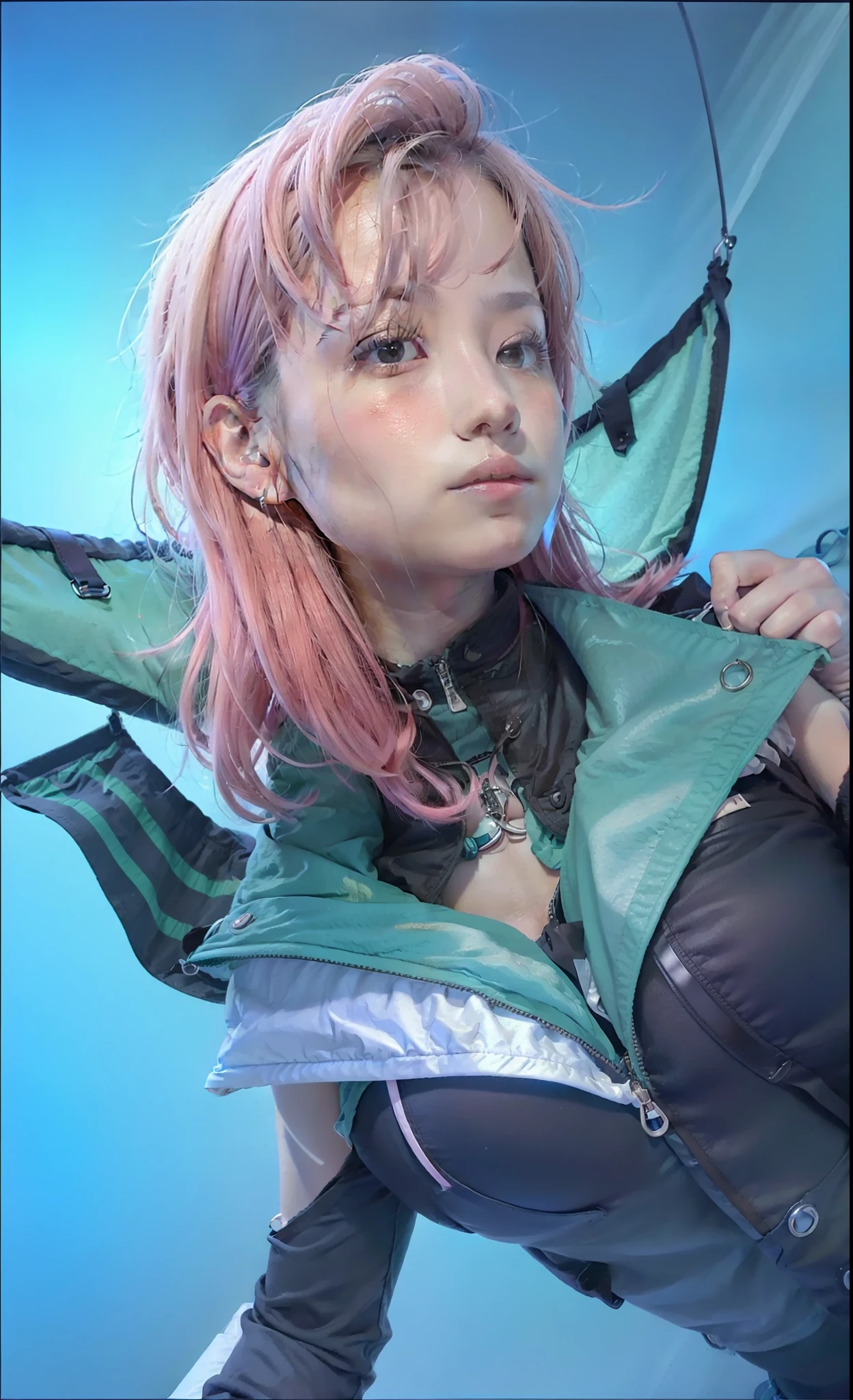1 girl, Valentina mobile legends, black green jacket, short hair, Pink hair, realistic, ultra detail, 70mm lens,