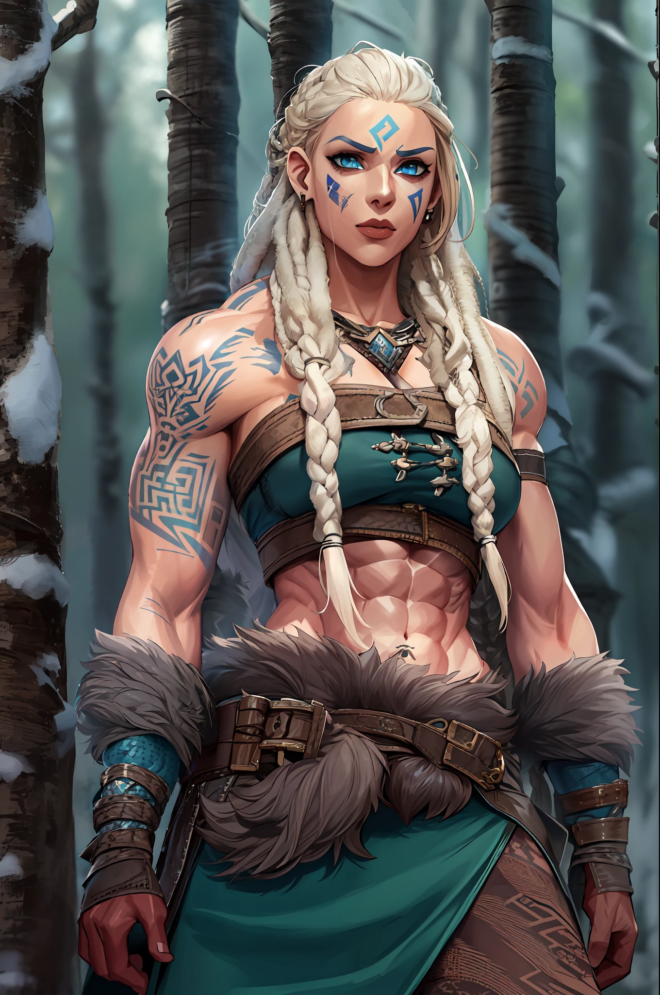 Female viking, (young:1.2), (muscular:1.2), fit, wearing brown furs and hides, (blue norse tattoos:1.2), blue eyes, platinum blonde hair, (Dreadlocks:1.4), (Dreads:1.4), (Sideshave:1.4), warrior hair. Setting is a Scandinavian forest in winter, bare arms, exposed naval, (abs:1.2). Highly detailed, norse, berserker, arm muscles, leg muscles, (bulky:1.2), leather straps, (large breasts:1.3), waist up