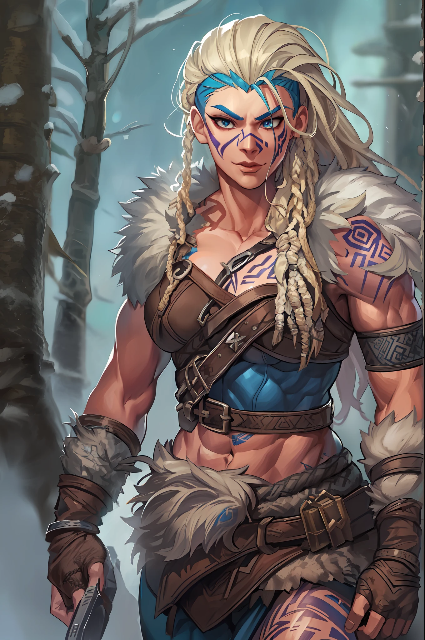 Female viking, (young:1.2), (muscular:1.2), fit, wearing brown furs and hides, (blue norse tattoos:1.2), blue eyes, platinum blonde hair, (Dreadlocks:1.4), (Dreads:1.4), (Sideshave:1.4), warrior hair. Setting is a Scandinavian forest in winter, bare arms, exposed naval, (abs:1.2). Highly detailed, norse, berserker, arm muscles, leg muscles, (bulky:1.2), leather straps, (large breasts:1.3), waist up