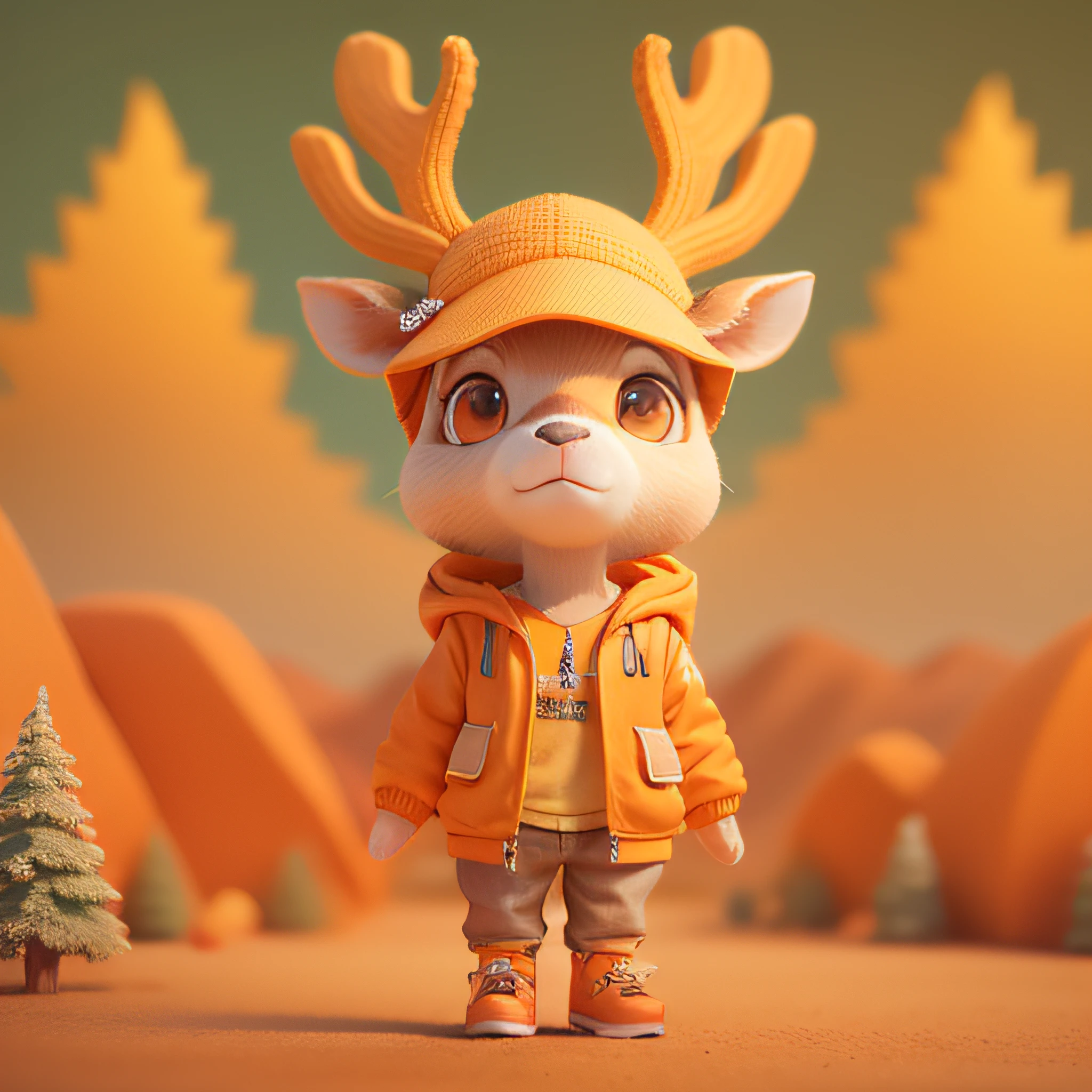 highly detailed 3D render cute deer with hike costume, kids cartoon style, high detailed textures, soft smooth textures, orange mountains color gradient in background.