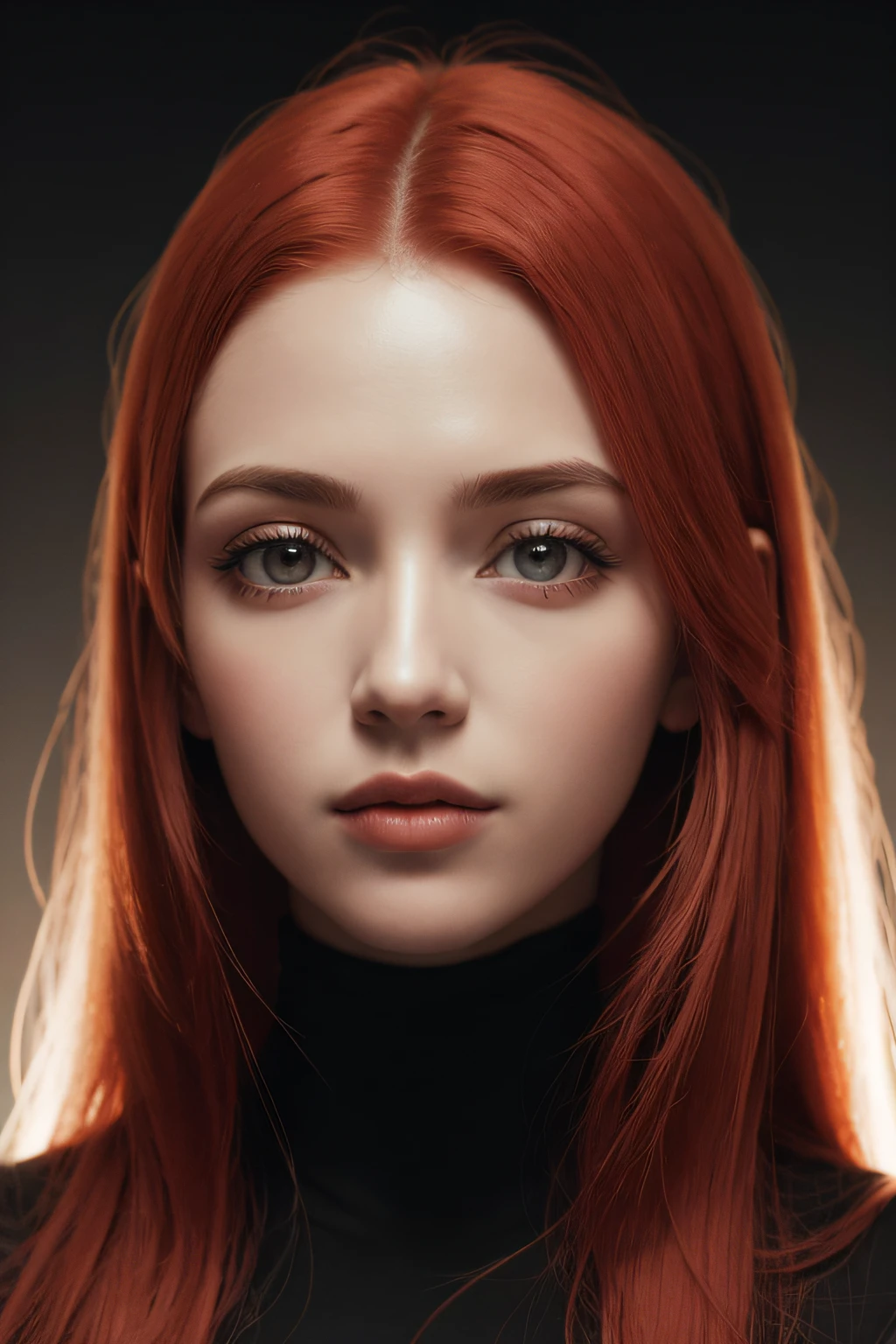 1girl, olho de estrela, corar, perfect lighting, red hair, olhos vermelhos, Motor irreal, side-lighting, Rosto detalhado, franja, pele brilhante, fundo simples, fundo escuro,