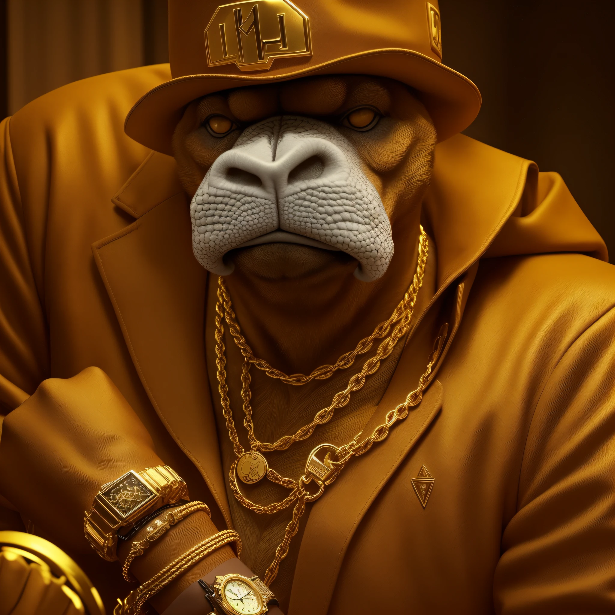 crie uma imagem de mascote tipo camaleao gangster, with gold chain on neck and gold watch, uma imagem realista e 4k , um chapeu de mafioso e um fundo bem escuro --auto