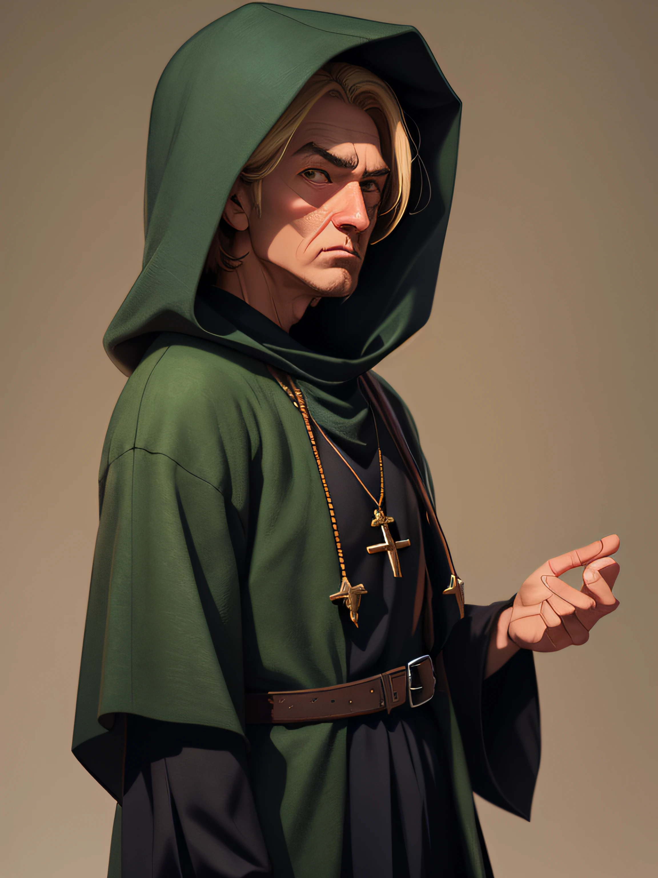 OLD SAGE STANDING WEARING BLACK WITH MEDIEVAL HOOD