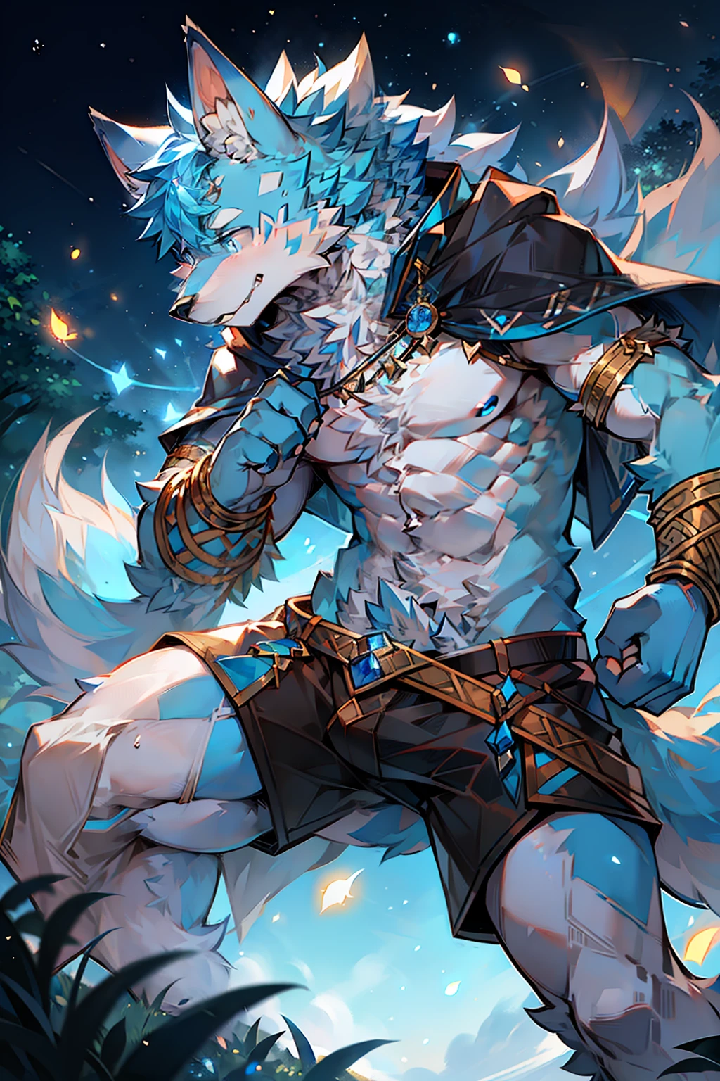 Wolf head,Wolf tail,Male,musculature,Raised sexy,Full Body Hair,light blue hair,Light blue ears,White belly,Sky blue pupils,Melee Mage,Cloaked,The left hand wears a bracelet made of multicolored rope,Behind you is the starry sky,At the junction of meadows and forests, Hide behind trees,There are fireflies around