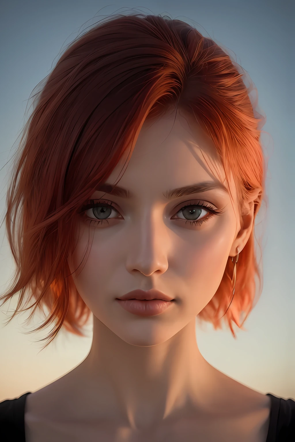 1girl, olho de estrela, corar, perfect lighting, red hair, olhos vermelhos, Motor irreal, side-lighting, Rosto detalhado, franja, pele brilhante, fundo simples, fundo escuro,