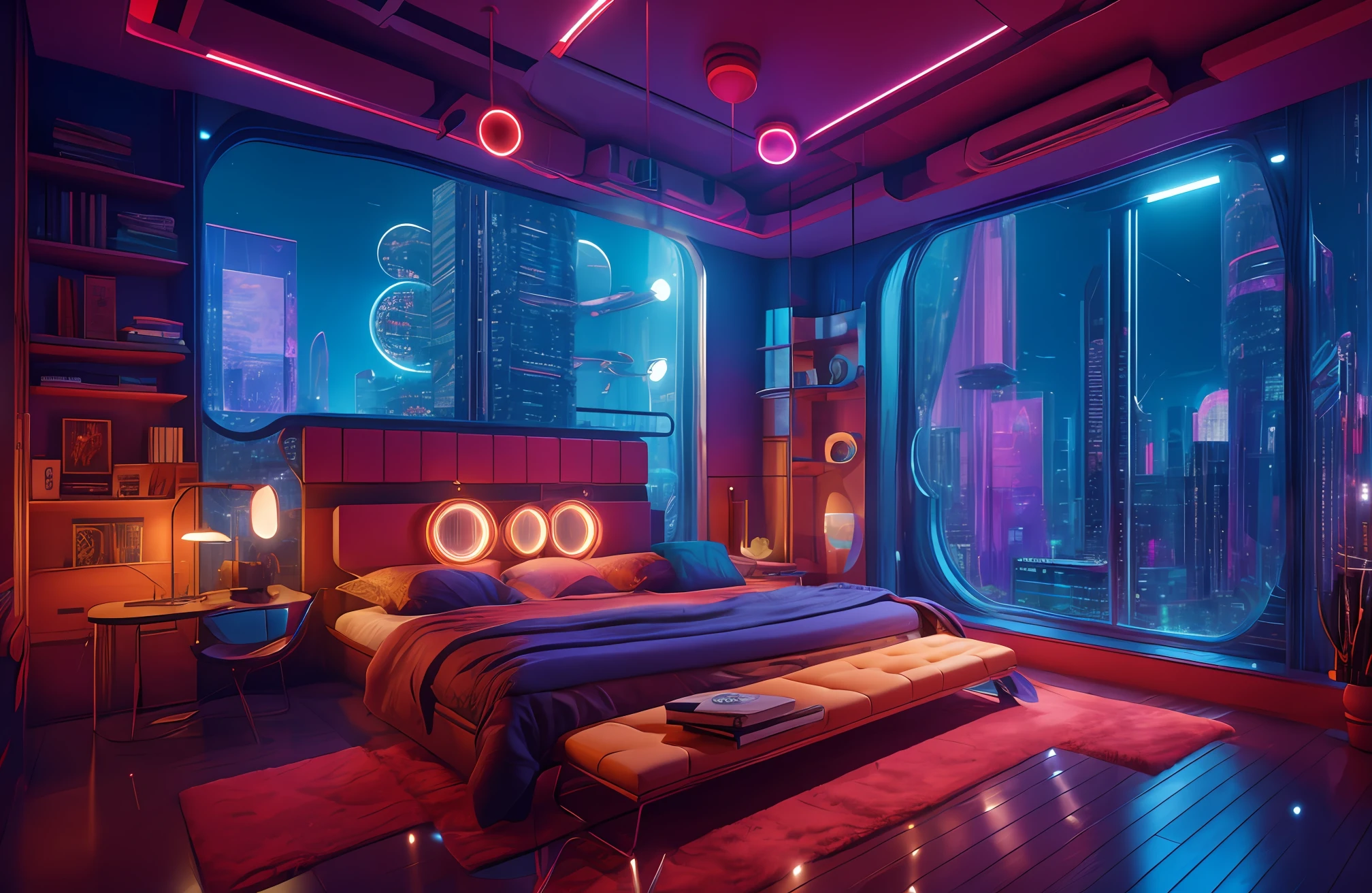 ((masterpiece)), (((ultra-detailed:1.3))), (intricate details), (high resolution CGI artwork 8k), Create an image of a woman's bedroom with low lighting. One of the walls should feature a big window with a busy, colorful, and detailed cyberpunk cityscape. Futuristic style with lots of colors and LED lights. The cityscape should be extremely detailed with depth of field. Utilize atmospheric lighting to create depth and evoke the feel of a busy futuristic city outside the window. Pay close attention to face details like intricate, hires eyes and bedroom accents.