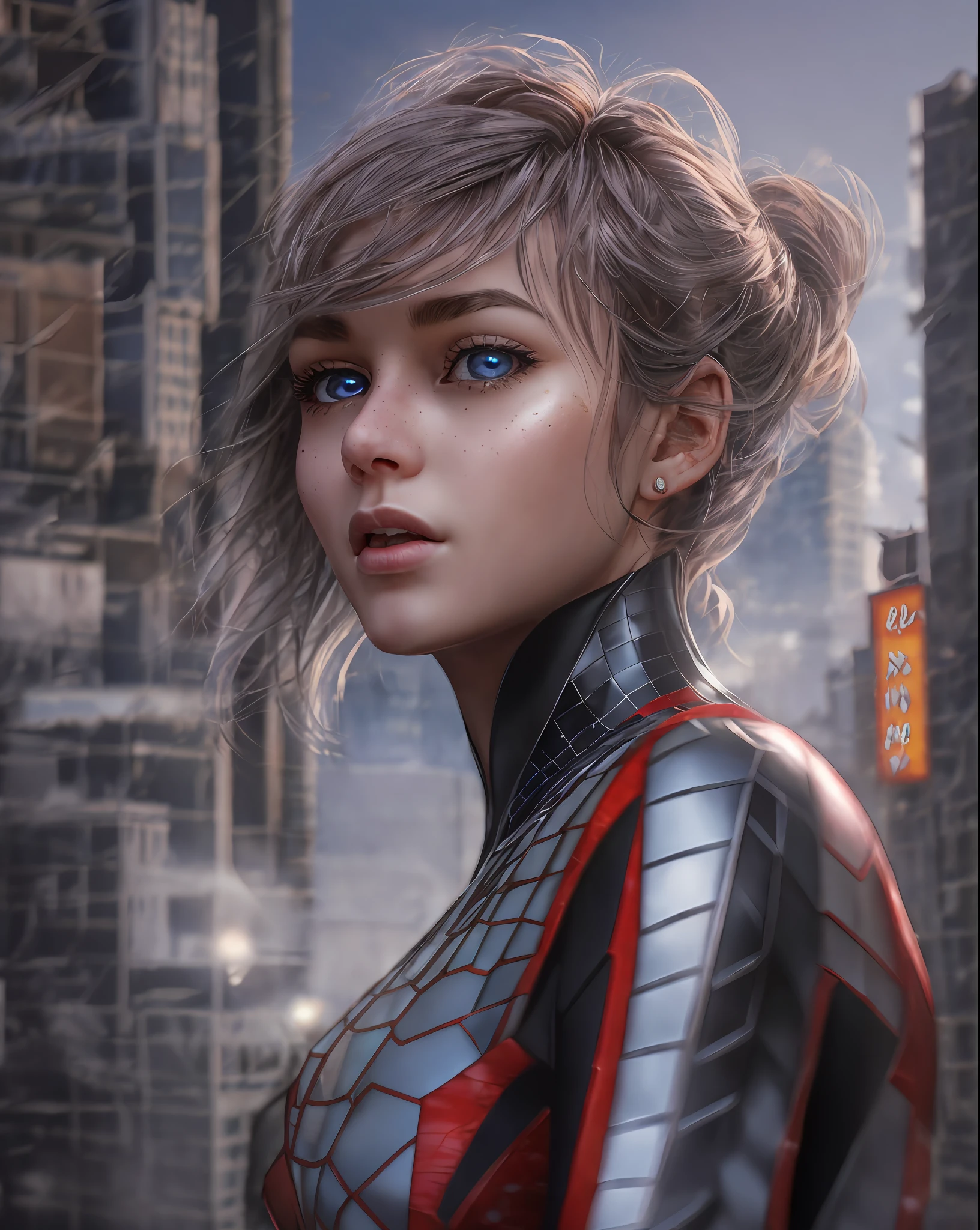 (1girl:1.3), Solo, (((Very detailed face)))), ((Very detailed eyes and face)))), Beautiful detail eyes, Body parts__, Official art, Unified 8k wallpaper, Super detailed, beautiful and beautiful, beautiful, masterpiece, best quality, original, masterpiece, super fine photo, best quality, super high resolution, realistic realism, sunlight, full body portrait, amazing beauty, dynamic pose, delicate face, vibrant eyes, (from the front), She wears Spider-Man suit, red and black color scheme, spider, very detailed city roof background, rooftop, overlooking the city, detailed face, detailed complex busy background, messy, gorgeous, milky white, highly detailed skin, realistic skin details, visible pores, clear focus, volumetric fog, 8k uhd, DSLR, high quality, film grain, fair skin, photo realism, lomography, futuristic dystopian megalopolis, translucent