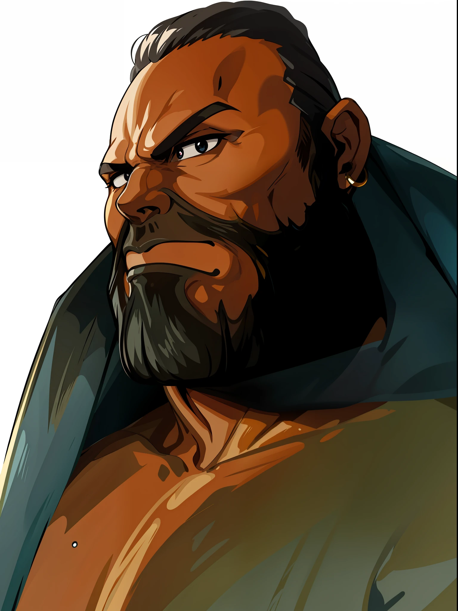 Male, bodybuilder, black eyes, serious, (Masterpiece : 1,8), 64k quality, final fantasy artwork concept, detailed manga eyes, detailed hair, detailed clothes, detailed body, cleaner designs, detailed face pronounced, shiny objects like jewels, see creases on clothes, more coherent clothing, more rounded eyes transparent liquid globular, more colors, more coherent clothing , correct the features of the clothes, better eyes contour, better shoulders, really colorful, coarser line, black line, finishing . (coarser line) (black line) (homogeneous rendering: 1.3)