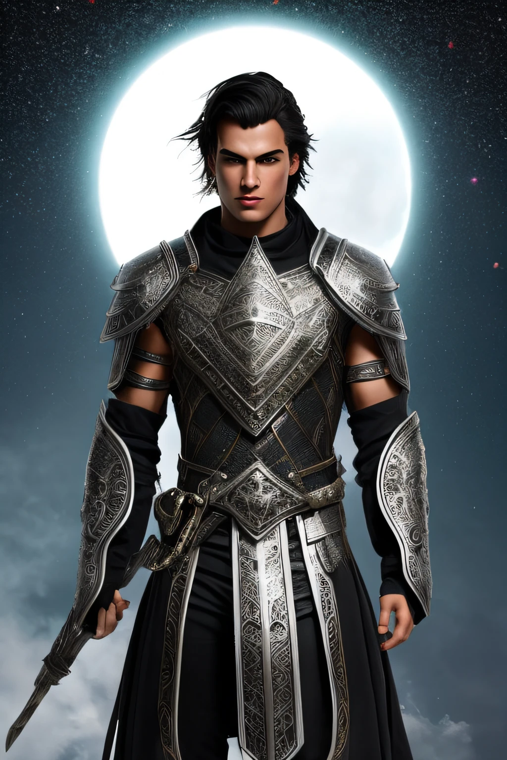 handsome disney prince dark black hair, blue eyes, striking eyebrows and cement face, white olive skin, sun tanned skin. demigod greek warrior Wearing clothing a flat silver armor made of white titanium and some crystal , Rainbow of RGB LEDs , traje de poder , gradiente , elegante , para homens , minimalismo moderno , linhas de baixo poli , punk core , sonhador , colorido , distopia , divino , misterioso , bending pose , pose , pose de moda