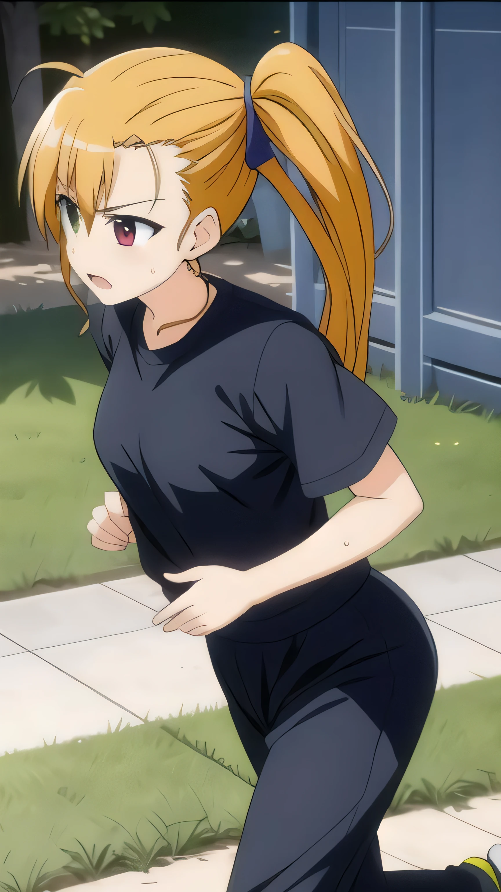 vivio, 1girl, side ponytail,
sweatpants, t-shirt, running,
outdoors, park, sweat,