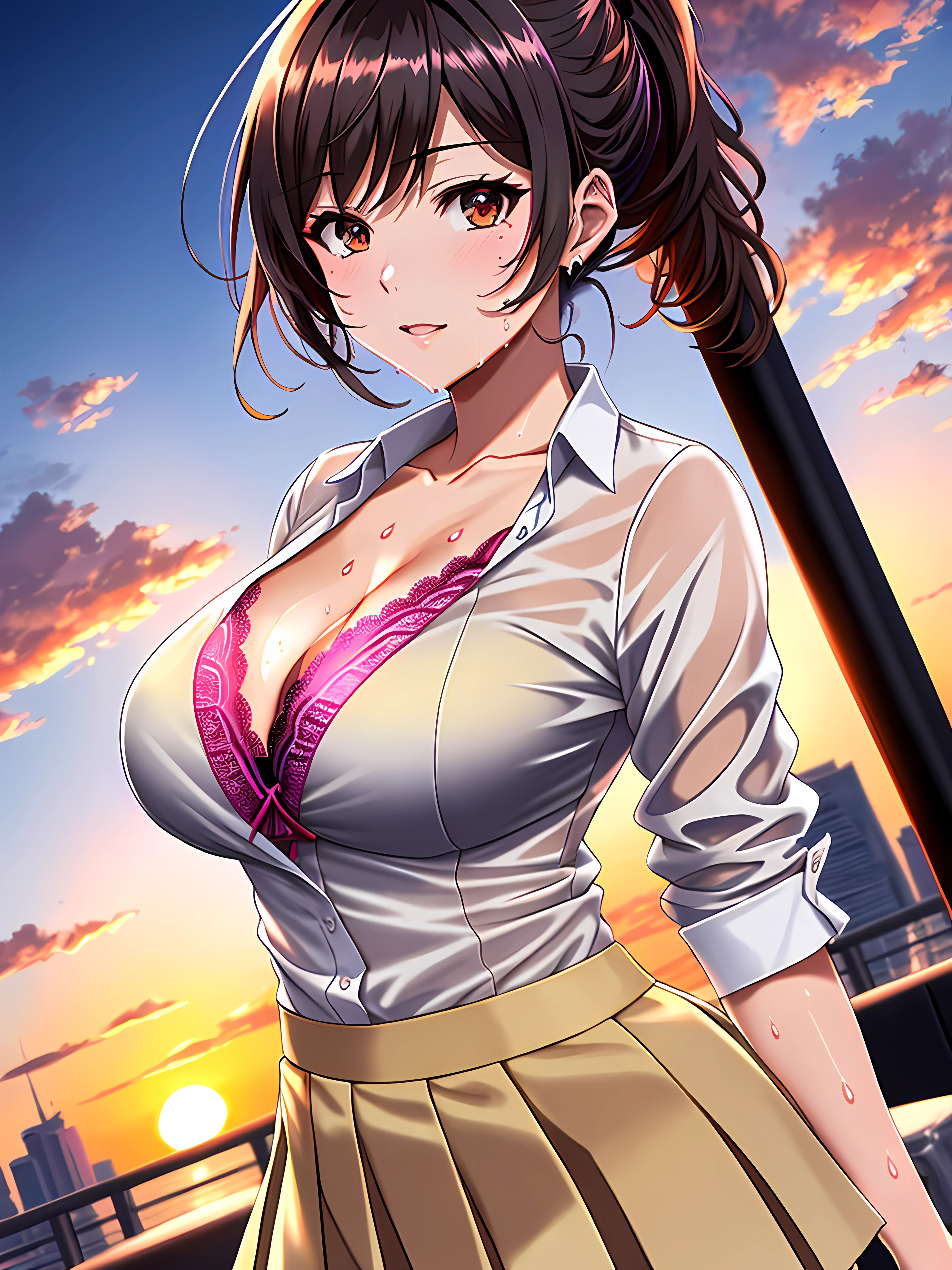 Sweat and wet body, sunset, a mexican businesswoman, lustful and perverted, Beige V-neck blouse with lace, translucent blouse, black bra, dynamic pose, Tight-fitting office dress, Pink pleated long fitted skirt with pleats, big chest, beautiful gradient, Full body, Beautiful anime style girl, clean detailed facesKawaii, anime girl, dynamic pose, massive chest, full body, Uhd digital painting, hyperdetailed triadic colors, unreal engine, intricate detail, complementary colors, 8k resolution, heavy strokes, dynamic light source