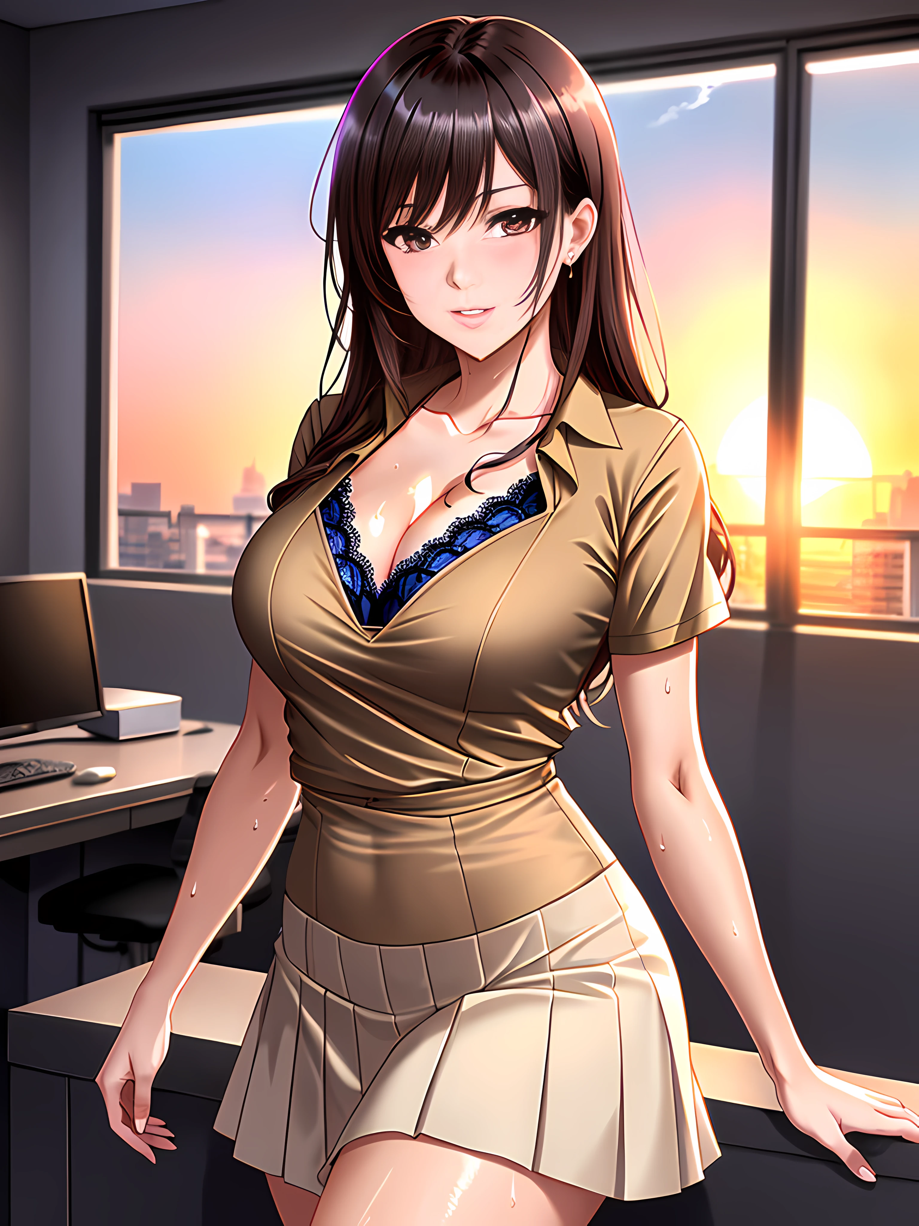 Sweat and wet body, sunset, a mexican businesswoman, lustful and perverted, Beige V-neck blouse with lace, translucent blouse, black bra, dynamic pose, Tight-fitting office dress, Pink pleated long fitted skirt with pleats, big chest, beautiful gradient, Full body, Beautiful anime style girl, clean detailed facesKawaii, anime girl, dynamic pose, massive chest, full body, Uhd digital painting, hyperdetailed triadic colors, unreal engine, intricate detail, complementary colors, 8k resolution, heavy strokes, dynamic light source