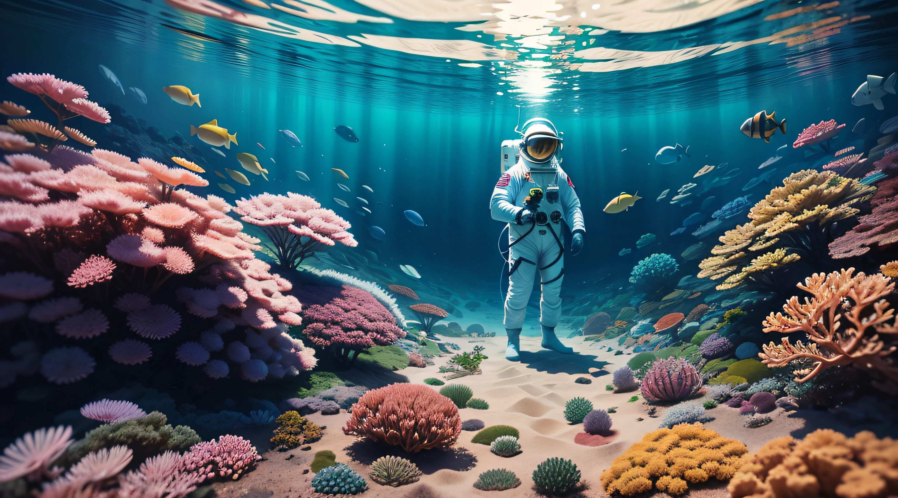 Image of astronaut standing, Estilo realista, melhor qualidade, obra prima, mergulhando, near the colorful corals near the surface