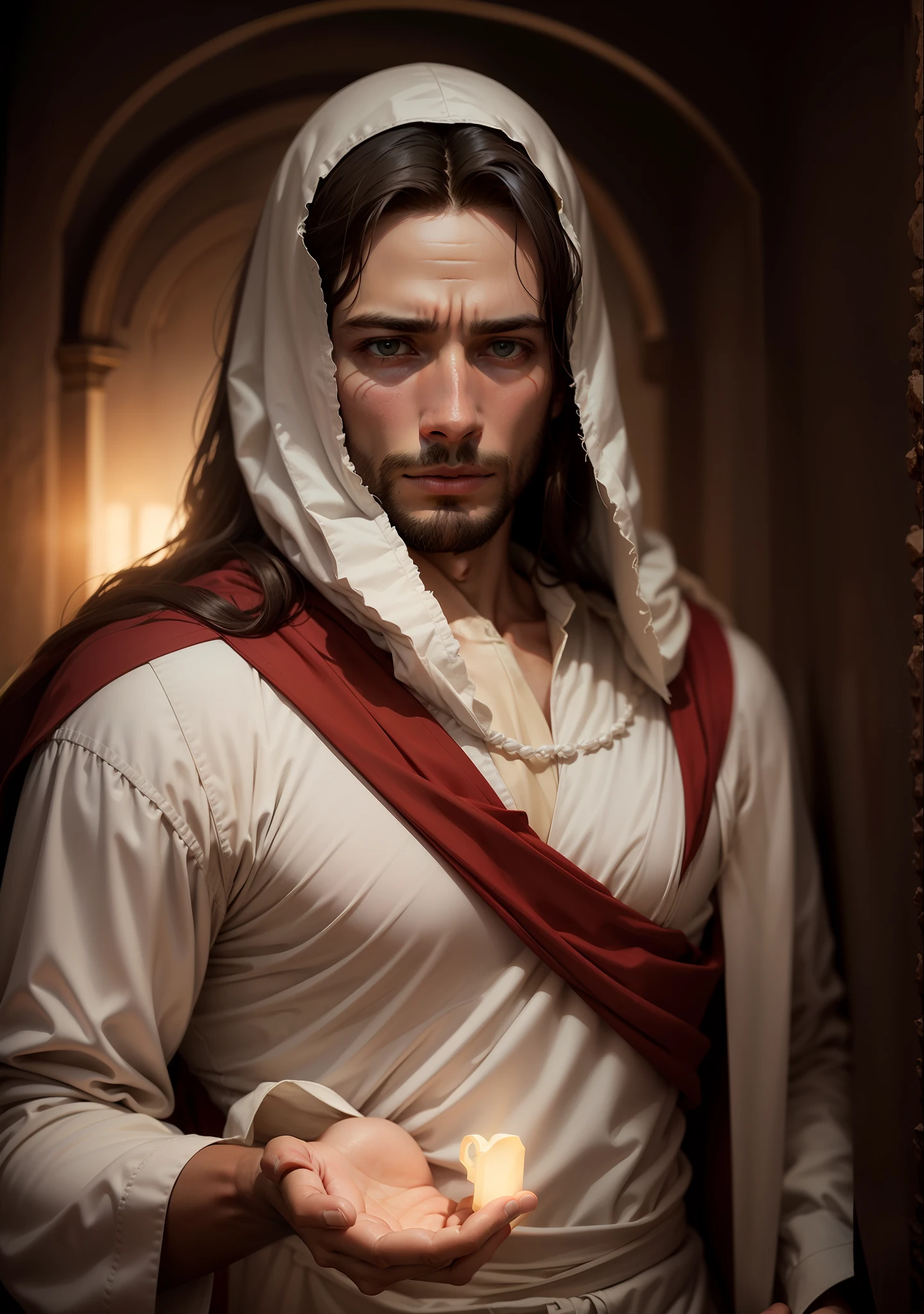 Homem vestido como Jesus Cristo, face de Jesus Cristo, olhar meigo, image with very high quality and resolution, image with cinema lighting