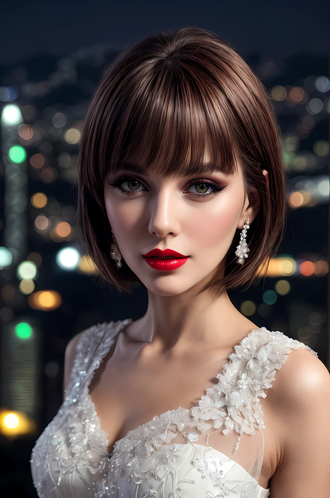 AS-MidAage， Close up photography， Raised sexy，Clothes removed， short detailed hair， brunette color hair， putting makeup on， Redlip， Hong Kong in the background at night， nakeness，Bigchest， jewely， looking at viewert， hyper realisitc， {An extremely delicate and beautiful girl}， 4k wallpapers， {{{tmasterpiece}}}