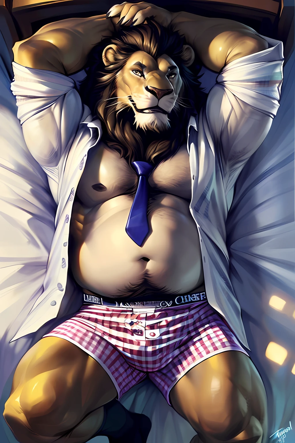 (by narse, by null-ghost, by darkgem, by personalami) older male,old chubby lion, (Brown fur:1.2),middle-age,((black short hair)),((facial beard)),(hi res, best quality, high quality, detailed, shaded, shading, masterpiece:1.2), detailed eyes, detailed clothing, smirk, seductive smile, hairy chest, lying in bed,bedroom, night,(light blue gingham pattern long loose_boxers:1.3), (white Open shirt:1.2), (purple necktie removed),(black socks:1.2),(posing),full body,(lion tail) from above, aerial view