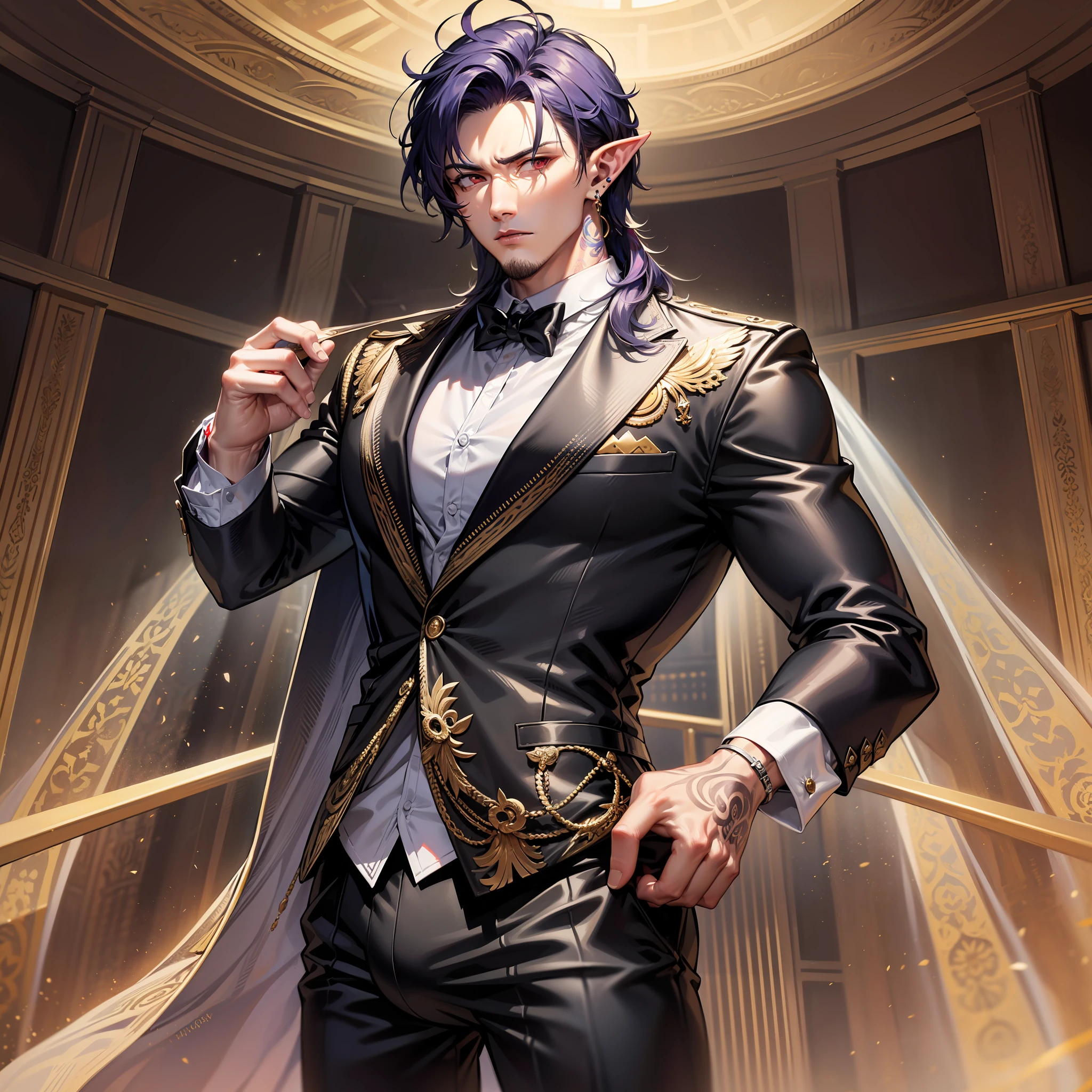 Handsome male, purple hair, short hair, wavy hair, detailed body, detailed hands, horns, expressionless, arrogant expression, red eyes, roman nose, almond eyes, black tuxedo, black shirt, black tie, cocky, nightfall, handsome, bushy brows, pointy ears, ear piercings, rings, good looking, tattoos, dark skin, brown skin, charming, good quality, long hair, huge bulge in pants, veiny arms and hands, manly, blood on chest, standing in room