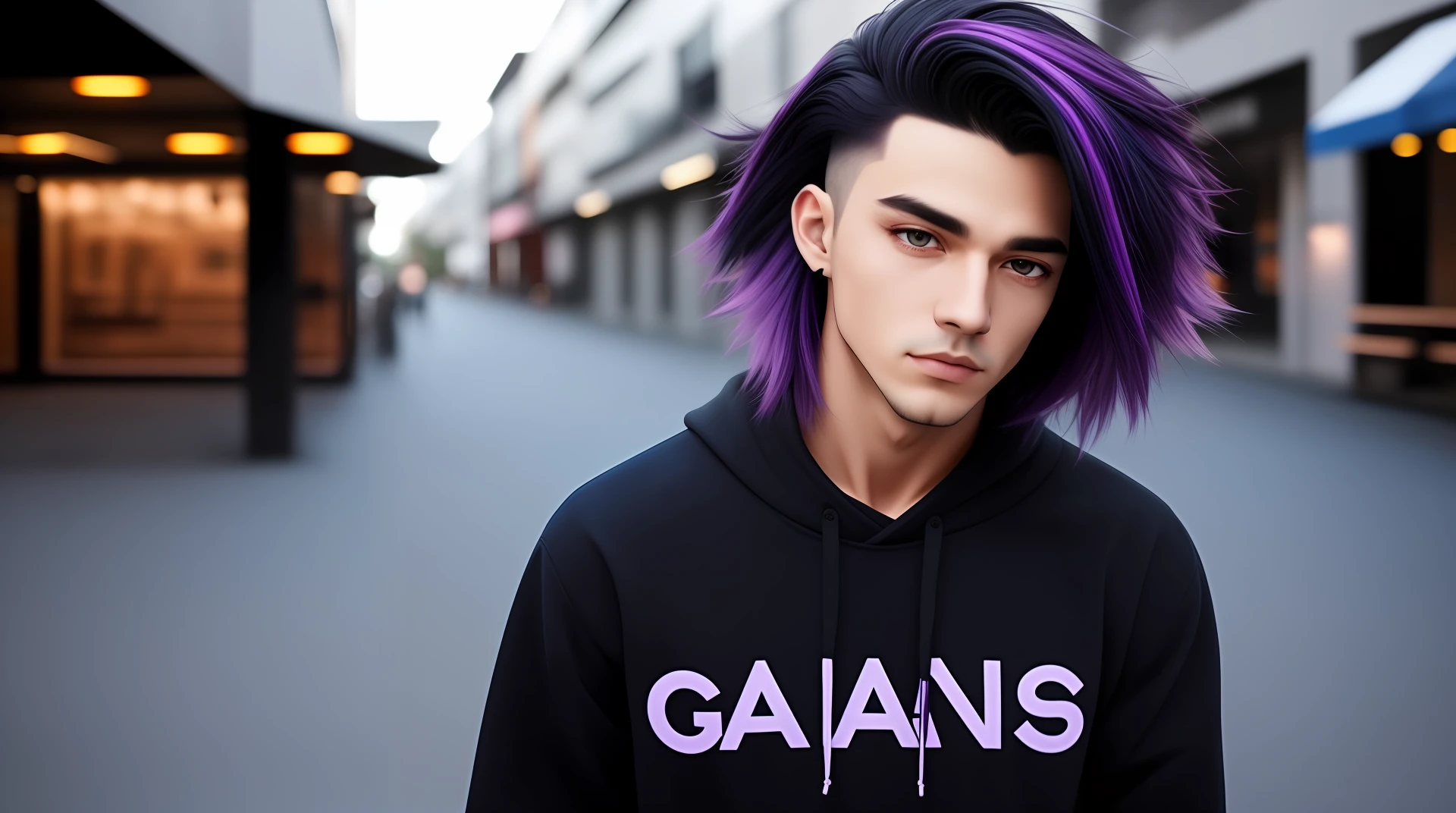 Em uma (((Cidade noturna))) um garoto lobo de olhos azuis claro, black gradient hair+roxo, rosto definido, moletom de capuz azul, moletom largo, moletom detalhado, unhas afiadas, unhas black, black jeans, Uplighting, hd