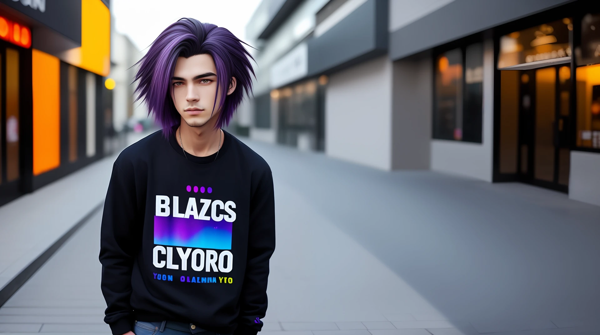 Em uma (((Cidade noturna))) um garoto lobo de olhos azuis claro, black gradient hair+roxo, rosto definido, moletom de capuz azul, moletom largo, moletom detalhado, unhas afiadas, unhas black, black jeans, Uplighting, hd