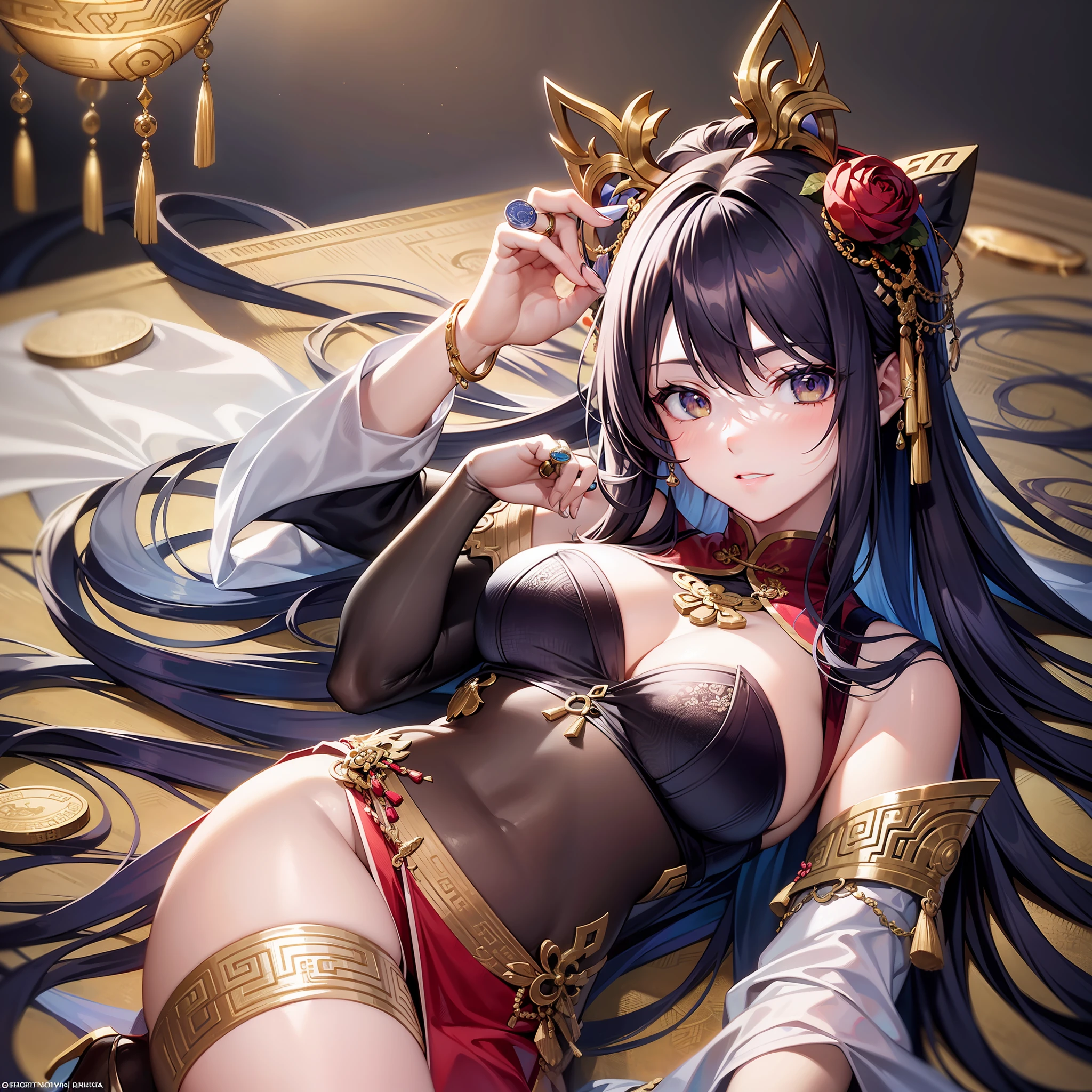 Adult woman, navy blue hair, The ends of gray hair, hairlong, beautiful hairstyle, hair ornament, white eyes, Chinese Clothing, Ornaments, Rings, Heels, Ancient Chinese themes, looking a viewer, overhead view, lying on money, gold coins, Fantasy art, Beautiful painting of characters, Works of art in the style of Guvaika, epic exquisite character art, stunning character art, Beautiful Killer Woman (reference sheet:1.5