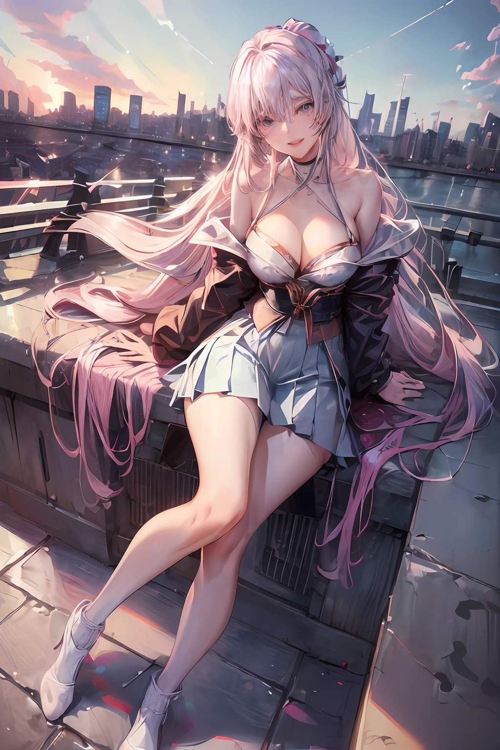 official art, masterpiece, sharp focus, (beautiful gorgeous cute Korean woman:1.3), (beautiful cute korean:1.3), korean beauty, Delicate and beautiful hair and eyes and face, realistic, ultra detailed, beautiful girl, blue sky, glow white particle, (sidelighting:1.2), sun light, white cloud, detailed clouds, slender, Lovely very large breasts and very large hips, smile with teeth, ((smile with eyes, open both eyes)), scenery, long straight hair, sexy facial expression, building, (cityscape:1.7), dynamic hair, long straight hair, detailed platinum pink hair, glow blue eyes, (blue pleated shirts + white skirt), white long socks, pale skin, hair ornament, epic scenery,