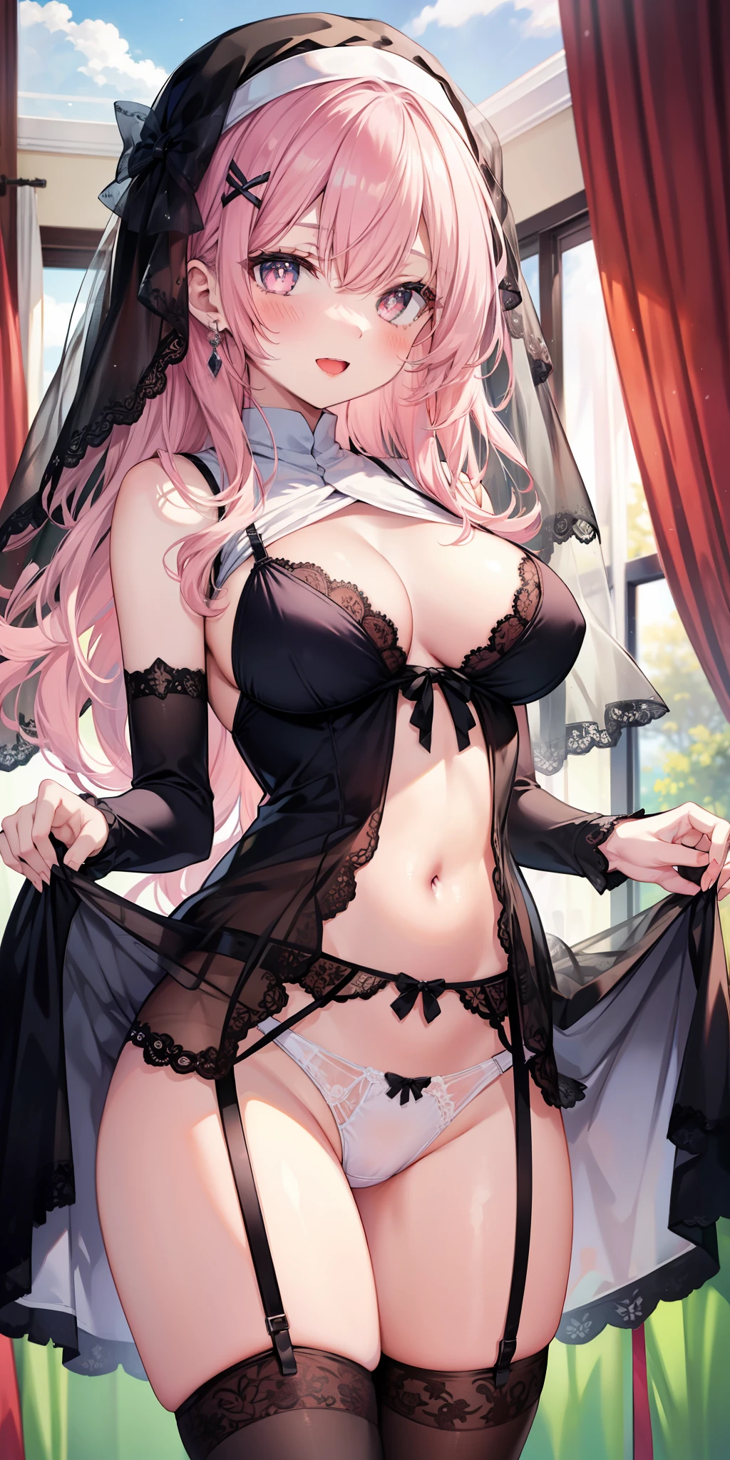 1girl, blush, ???????, clothes_lift, curtains, dress, dress_lift, garter_belt, garter_straps, habit, lace, lace-trimmed_legwear, lace_trim, large_???????, lifted_by_self, long_hair, looking_at_viewer, navel, nun, open_mouth, panties, pink_hair, smile, solo, symbol-shaped_pupils, thighhighs, underboob, ?????????, veil, white_legwear, white_panties, with a green background, sunset, beautiful clouds

 disfigured, bad hands, bad fingers, ugly, bad, immature,