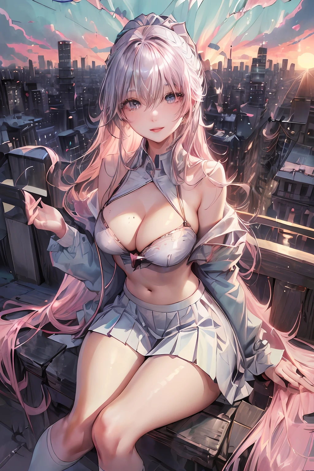 official art, masterpiece, sharp focus, (beautiful gorgeous cute Korean woman:1.3), (beautiful cute korean:1.3), korean beauty, Delicate and beautiful hair and eyes and face, realistic, ultra detailed, beautiful girl, blue sky, glow white particle, (sidelighting:1.2), sun light, white cloud, detailed clouds, slender, Lovely very large breasts and very large hips, smile with teeth, ((smile with eyes, open both eyes)), scenery, long straight hair, sexy facial expression, building, (cityscape:1.7), dynamic hair, long straight hair, detailed platinum pink hair, glow blue eyes, (blue pleated shirts + white skirt), white long socks, pale skin, hair ornament, epic scenery,