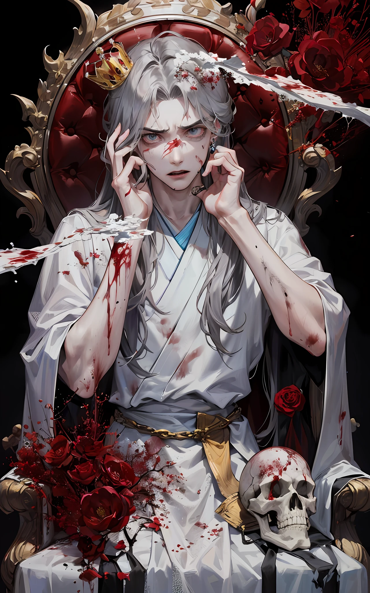The king,male people(emaciated,Suffering from illness),Scratch your face with your hands(Scratching,Scratch your face),bleed,The pupils constrict from fear,Pupil constriction,King of tyranny(The demons)looking angry,Maniac,(Bleeding from the corners of the mouth)Bleeding from the mouth,Open your mouth and call for help (((1人))), Masterpiece, absurderes, Best quality ,Intricate details, ((((Ragged clothes)))), The Fallen Crown,Crown drops,long white robe,SOS,(Dilapidated)Skulls and skullhands(Skeleton hand grasp),Pierced clothes,(Dull skin, Broken white robe, Dull skin,discoloration, Gray-black hair, Fluffy hair,Dull complexion), Sit on the throne,sitted(ants in one's pants), ((indisposition)),scared expression,tense look,Scared,Nervous,It's painful,Pleading。Injured,bleed,Skinny,hunger,senile,Gold earrings, Don't look at the view , Not looking at the view, Gray hair, Broken hair, Messy hair,Perfect detailed face, perfect detailed hands, incubus, The demons,skelleton,Injured,hurt,Gray eye, Funk,ants in one's pants,Golden decoration, masculine features,, (((Night))), Under the light,Light focus, Darkness, Dark light, Look up at the audience, Perfect Detailed Eyes, Perfect detailed face, Perfect proportions, The king(blood vess,Blood stains on the screen)