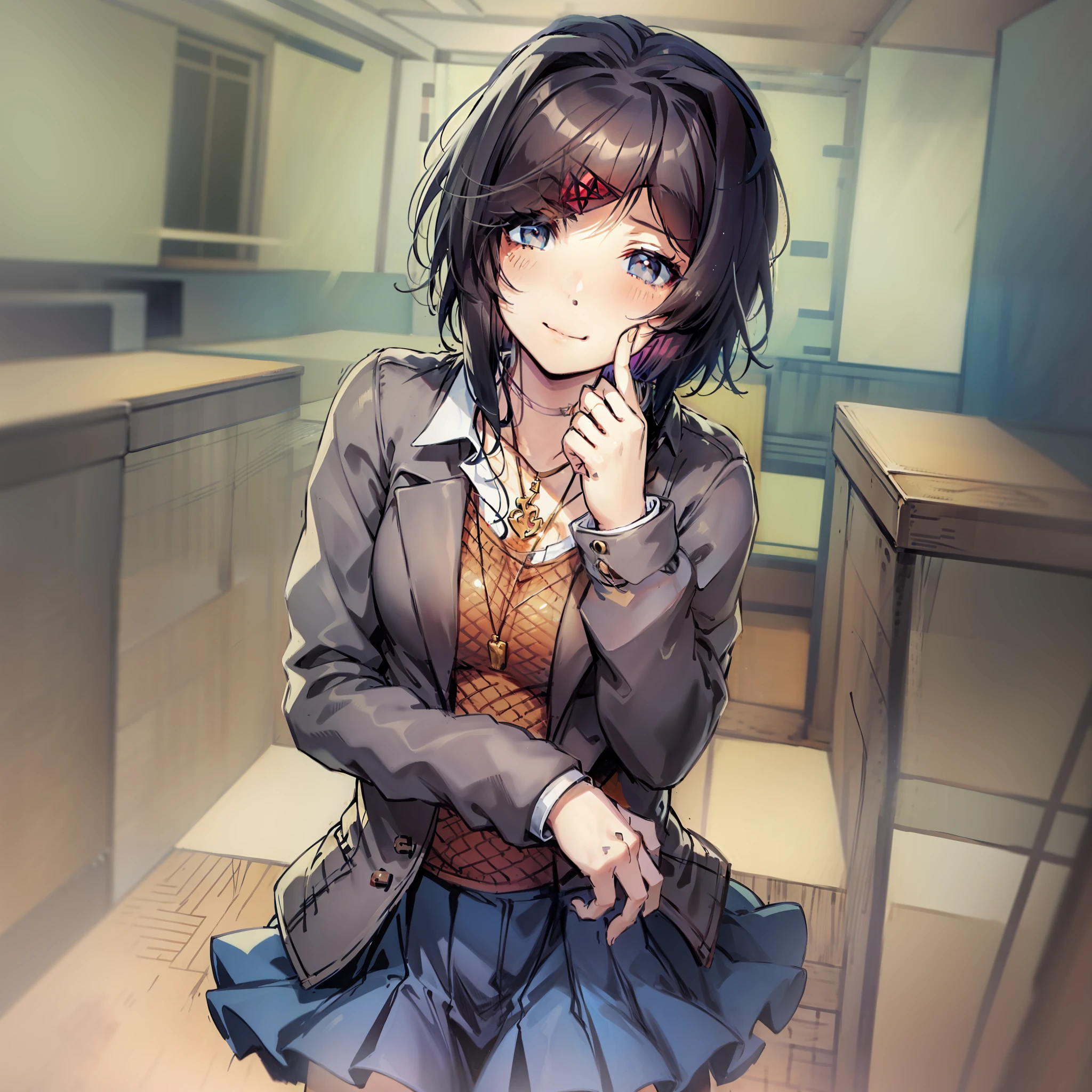DDLCYURI, HAIR ORNAMENT, HAIRCLIP, LONG HAIR, (BLACK EYES:1.1), BLACK SHORT HAIR, GRIN, SMILE, BLAZER, BLOUSE, BLUE SKIRT, JACKET, BROWN JACKET, MINISKIRT, NECK RIBBON, RIBBON, SCHOOL UNIFORM, SHIRT, SKIRT, WHITE SHIRT, WING COLLAR, CASUAL CLOTHES, GREY SWEATER, MINISKIRT, PANTS, RIBBED SWEATER, SKIRT, SWEATER, TURTLENECK, TURTLENECK SWEATER, black eyes with eyeliner, puffy black hair scene emo, short emo hair, hair ornament, hair clip, medium boobs, school uniform, jacket, short hair, pleated skirt, skirt, blue skirt, ((blush)), indoors, in a classroom, necklace cross, earrings, emo, scene, fashioncore, black stockings, emo hair, gothic, lip piercing, nasal septum, emo, visual kei, puffy hair, Dark, EMO ACCESSORIES, Emo Haircuts