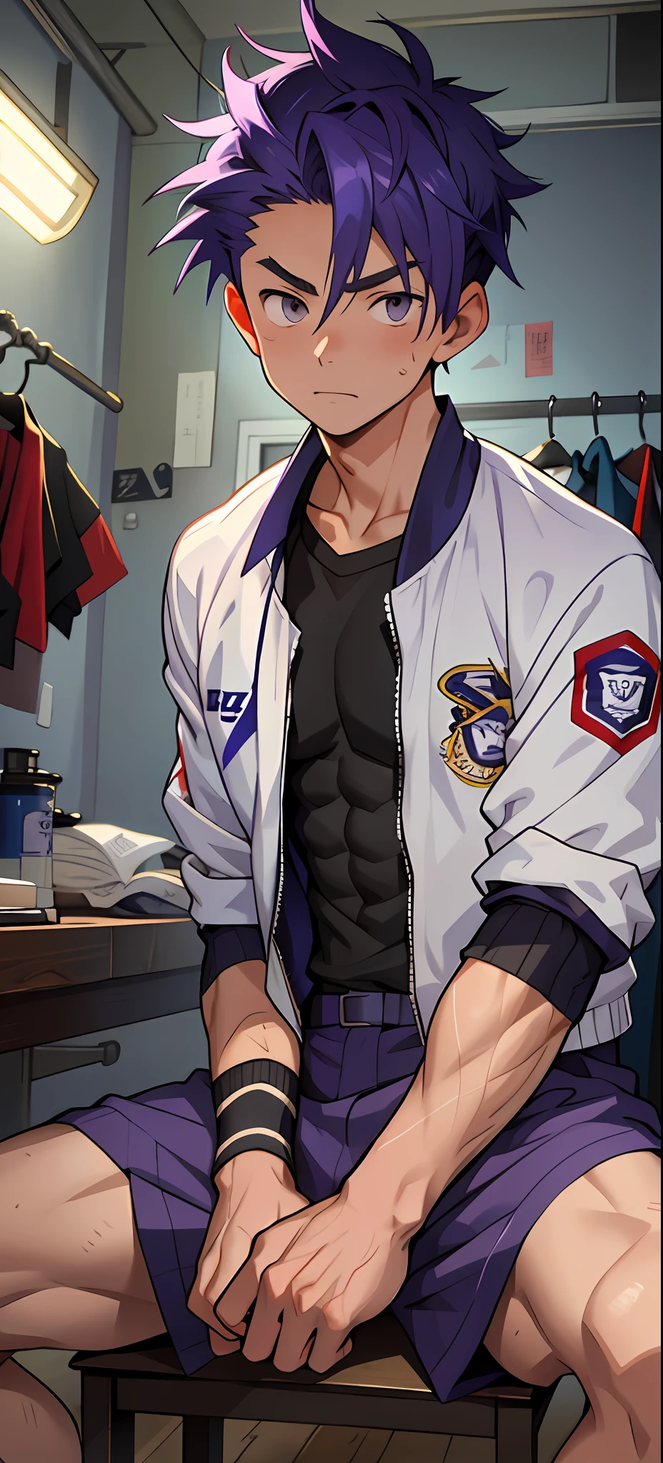 (masterpiece, best quality), 1boy, younge boy,musculous, short blue-purple hair, Dark gray eyes, 复杂, (dress room), full bodyesbian, White baseball uniform, Open light purple jacket, Pectoralis abdominal muscles,vivd colour,(depth of fields:1.2),(abs),Be red in the face,looking at viewert,A piano,spread their legs,