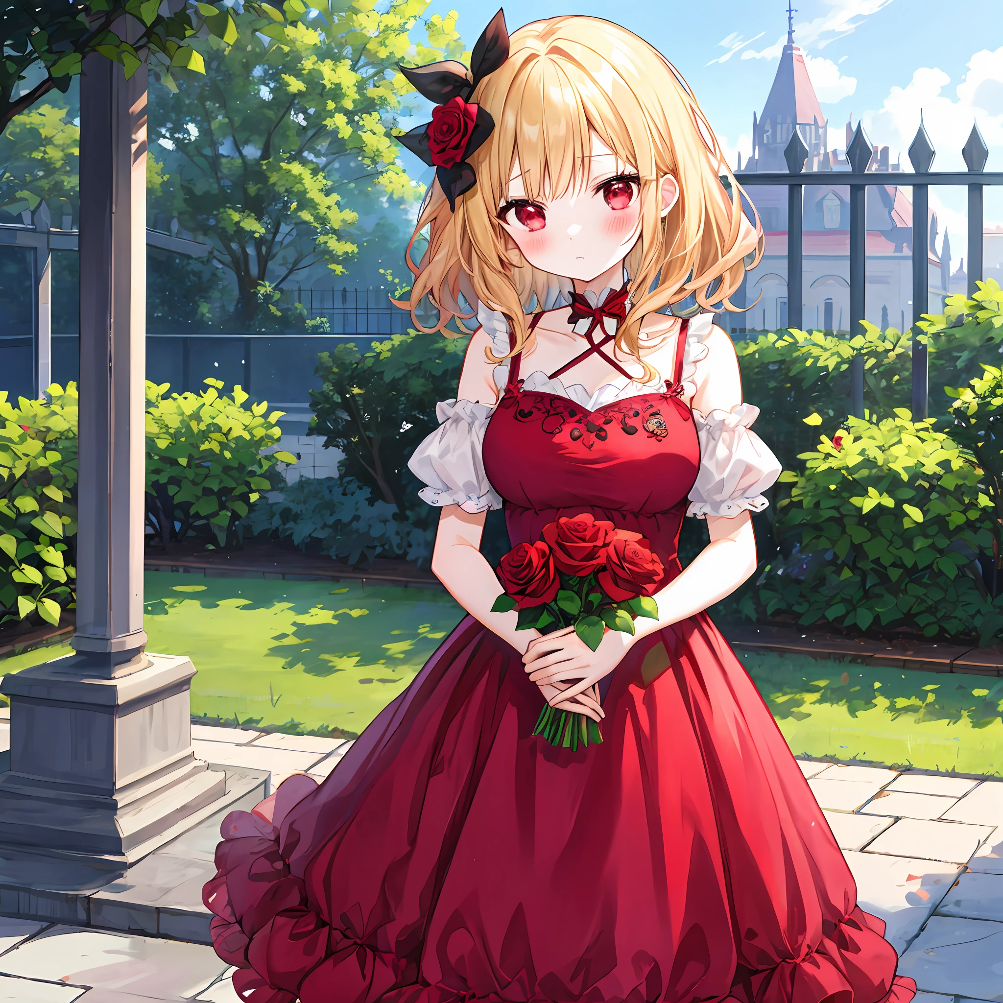 red blush、Wavy blonde hair、red eyes、Beautiful girl alone、animesque、独奏、Pink dress、Rose Garden、lonely