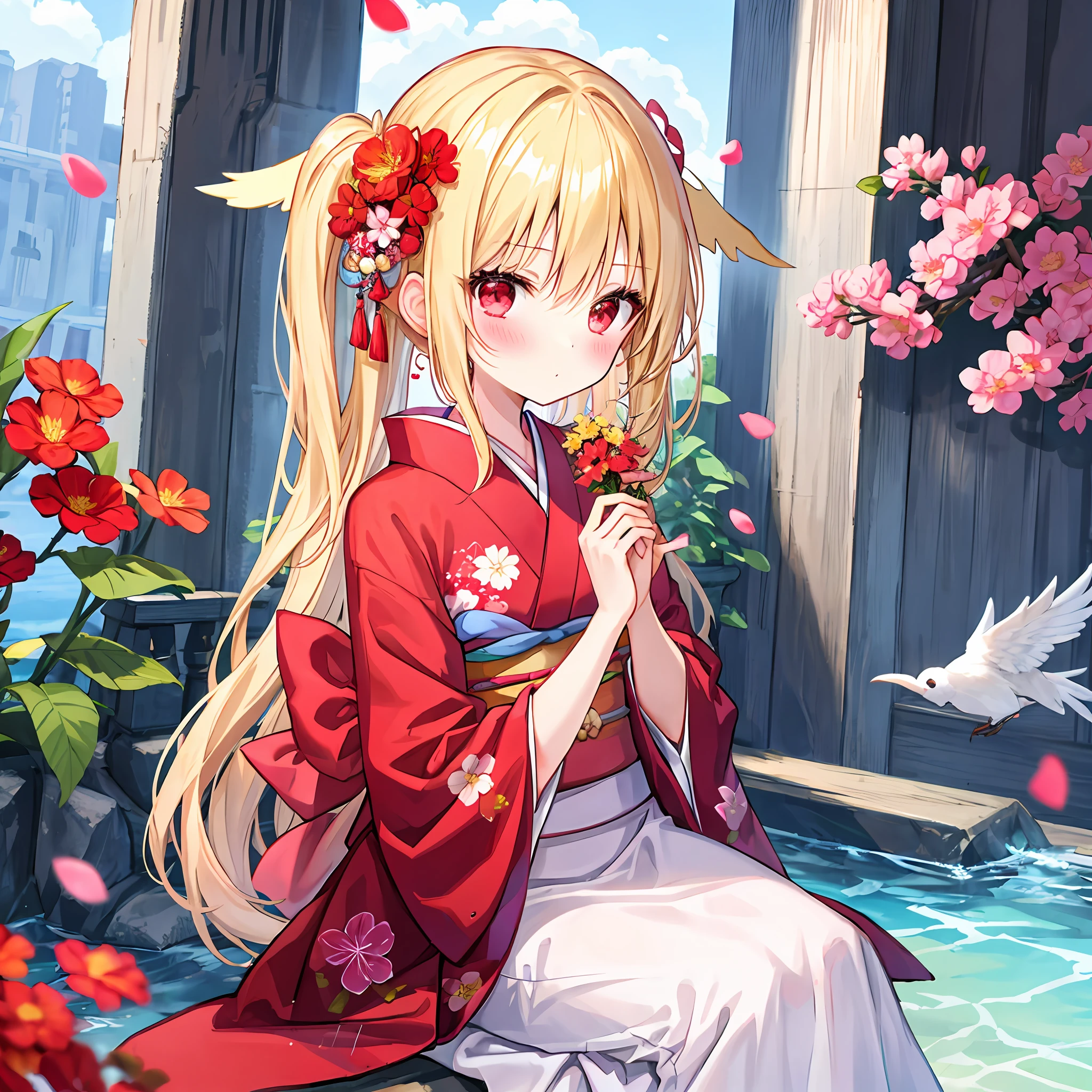 red blush、blonde  hair、red eyes、Beautiful girl alone、animesque、独奏、Kimono、florals、lonely、Heavenly daughter