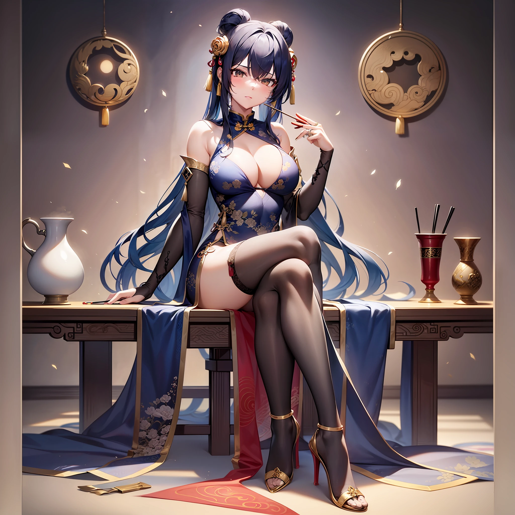 Adult woman, navy blue hair, The ends of gray hair, hairlong, beautiful hairstyle, hair ornament, white eyes, Chinese Clothing, Ornaments, Rings, Heels, Ancient Chinese themes, looking a viewer, sitting at a table, with chopsticks in their hands, Sumptuous dishes, Fantasy art, Beautiful painting of characters, Works of art in the style of Guvaika, epic exquisite character art, stunning character art, Beautiful Killer Woman (reference sheet:1.5